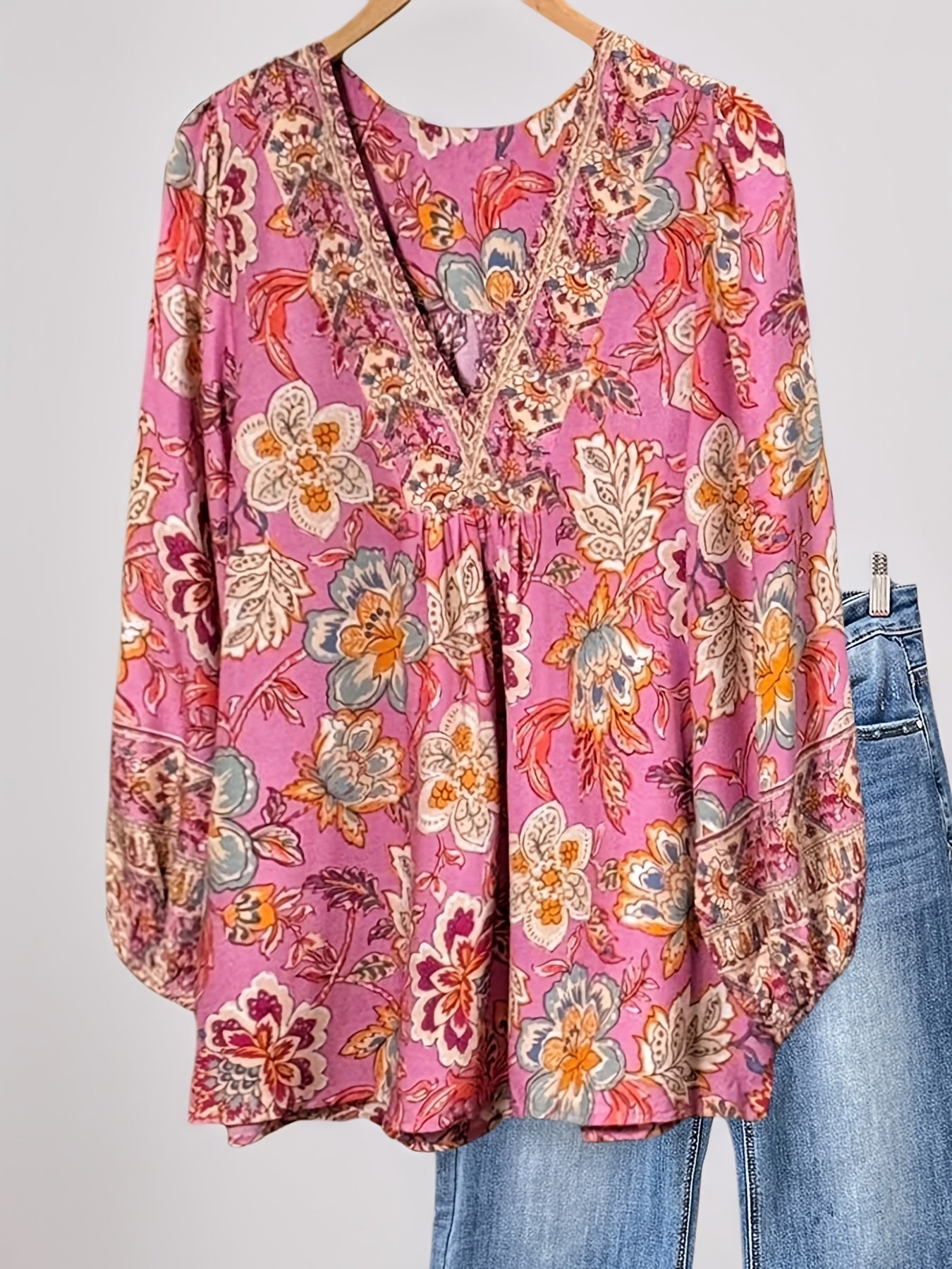 Boho Floral Print V-Neck Blouse for Women - Long Sleeve Lightweight Tunic Top with Embroidered Details - Loose Fit Casual Shirt for Spring & Summer, Perfect with Jeans Or Shorts (Not Bulky & Good for Layering)