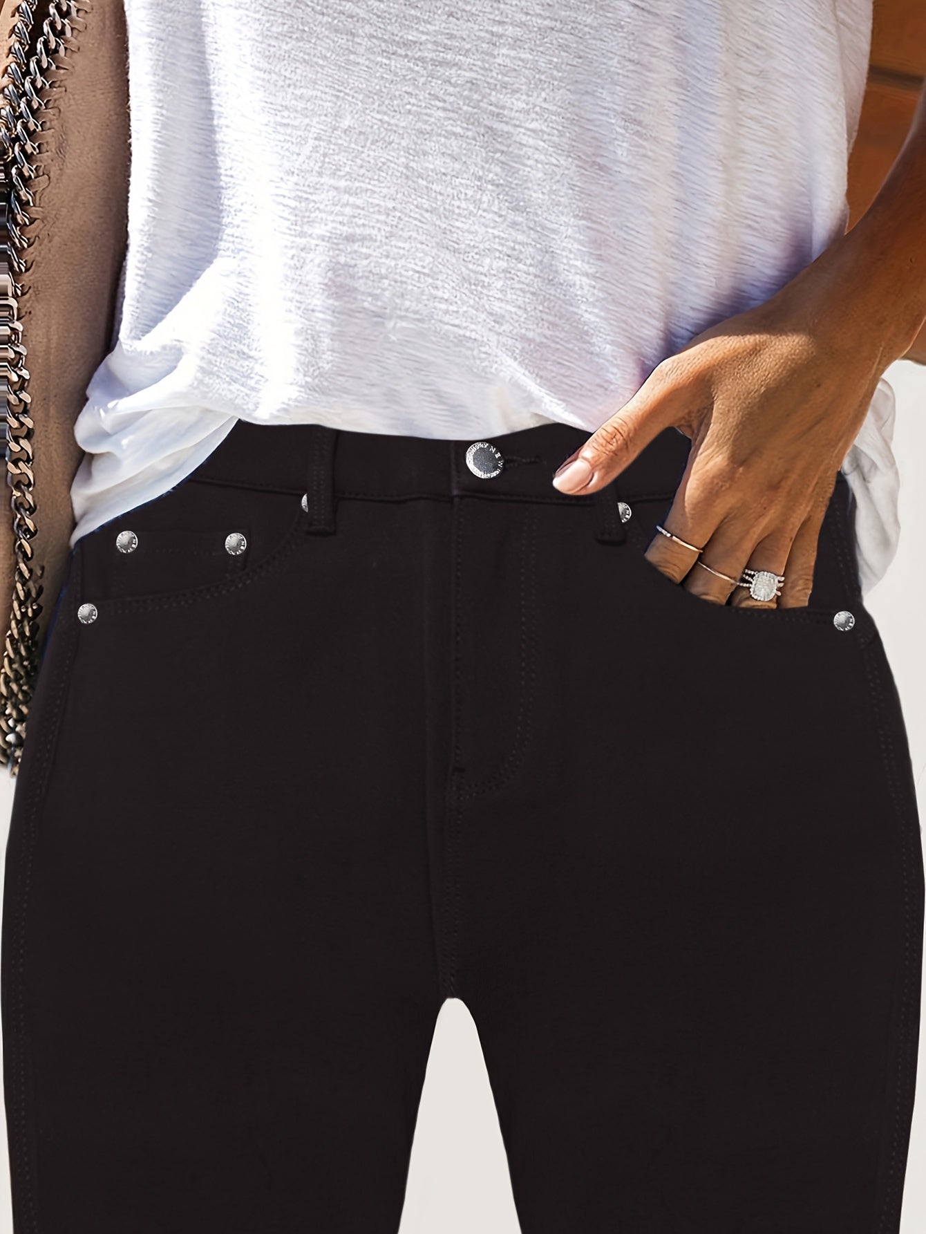 Women's High-Waisted Stretchy Street Style Solid Black Slim-Fit Jeans with Metal Button Details