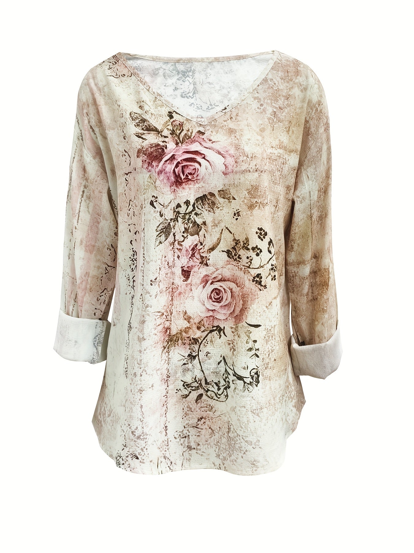 Women's Vintage Casual 3D Floral Print V-Neck Long Sleeve Blouse - Lightweight Summer Shirt with Pink Roses & Green Foliage Design, Machine Washable, Relaxed Fit Top, Soft Texture Apparel, Everyday Top, Breathable Fabric, Adu