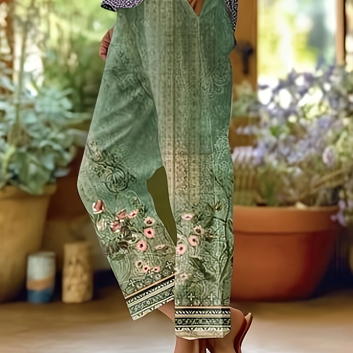 [Floral Print Vacation Trousers] Women's Floral Print Loose Trousers with Elastic Waistband - Vibrant Pink and Green Design, Comfortable Summer Casual Pants for Vacation and Everyday Wear