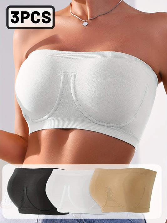 3pcs EssElegance Plus Size Strapless SeamlessBandeau Tube Bra -Wire-Free Non-Slip Design, High-Stretch & Breathable For Backless DressesDaily Comfort