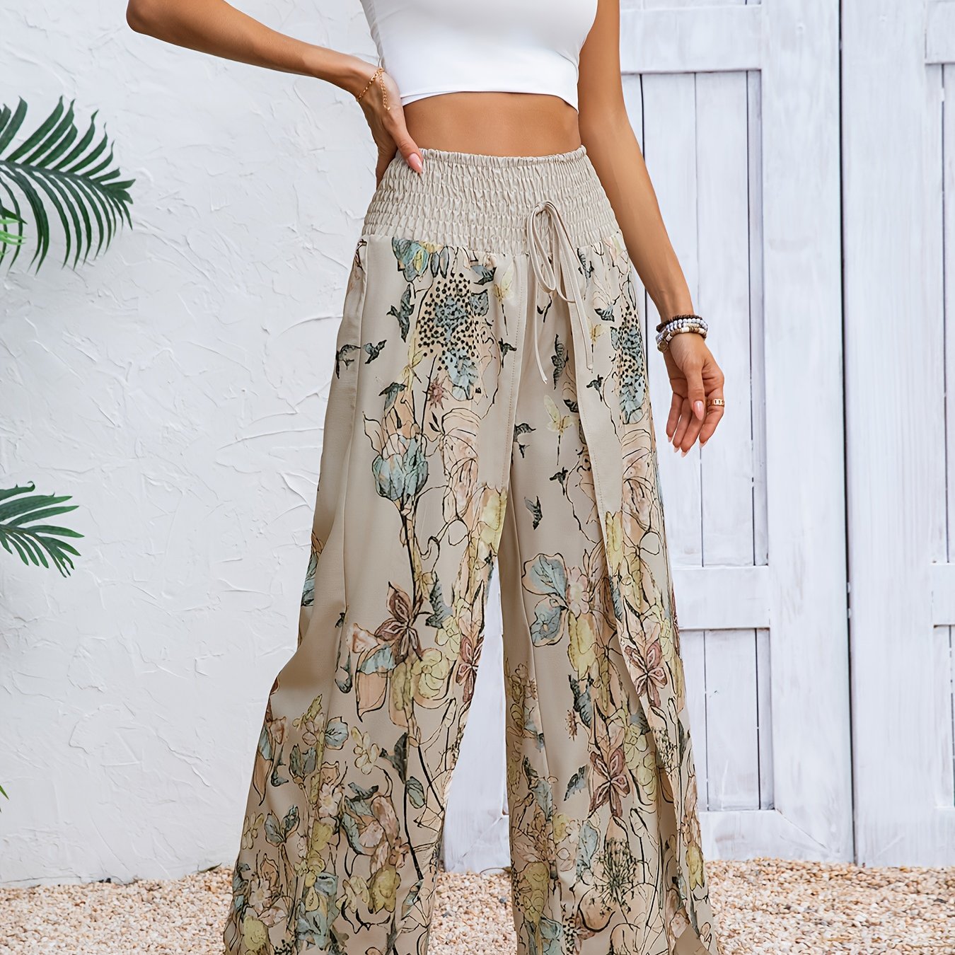 Women'S Floral Print Wide-Leg Pants - Beige/ Green/ Brown/ Black/ White/ - Lightweight Non-Transparent Trousers for Casual & Formal Outfits - Everyday & Special Events - Spring/Fall Seasonal Pants, Spring Fall Attire, Relaxed