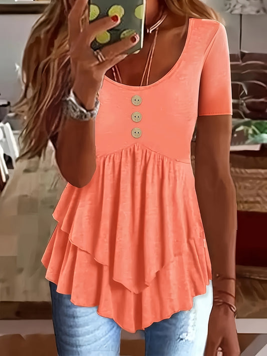Women's Mint Green Crew Neck T-Shirt - Non-Stretch Casual Blouse with Front Button Closure, Tiered flare hem for Everyday & Formal Outfits - Machine Washable Summer Top, Ladies T-shirts, Nonstretch Fabric, Spring Fashion, Lig