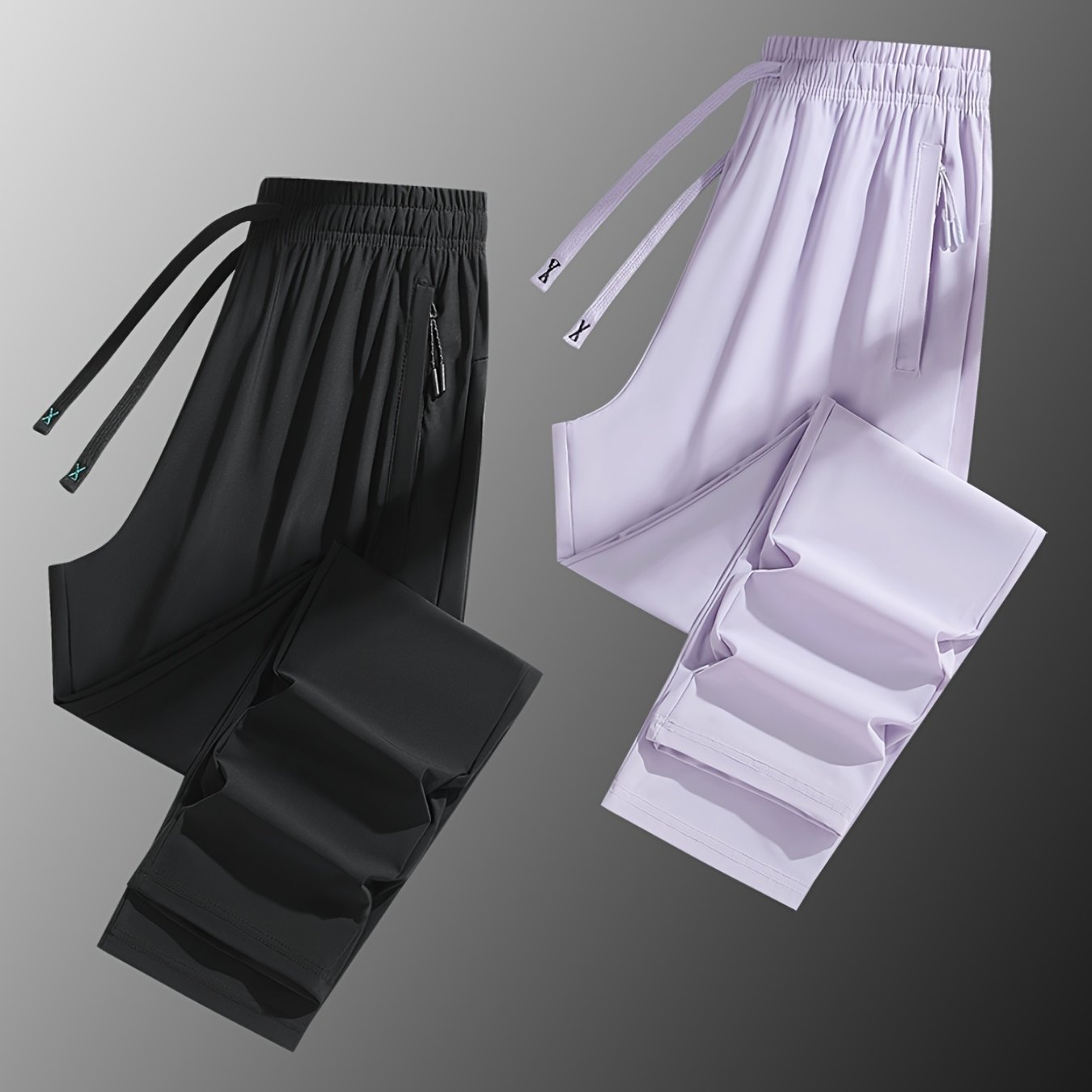 Two Pairs Of Summer Women's Long Pants, Solid-color Pants for Women, Elastic Drawstrings At The Waist, Hidden Zipper Pockets, Straight-leg Pants with Nylon And Spandex Medium-elastic Fabric, Ice Silky Quick-drying Pants, Wome