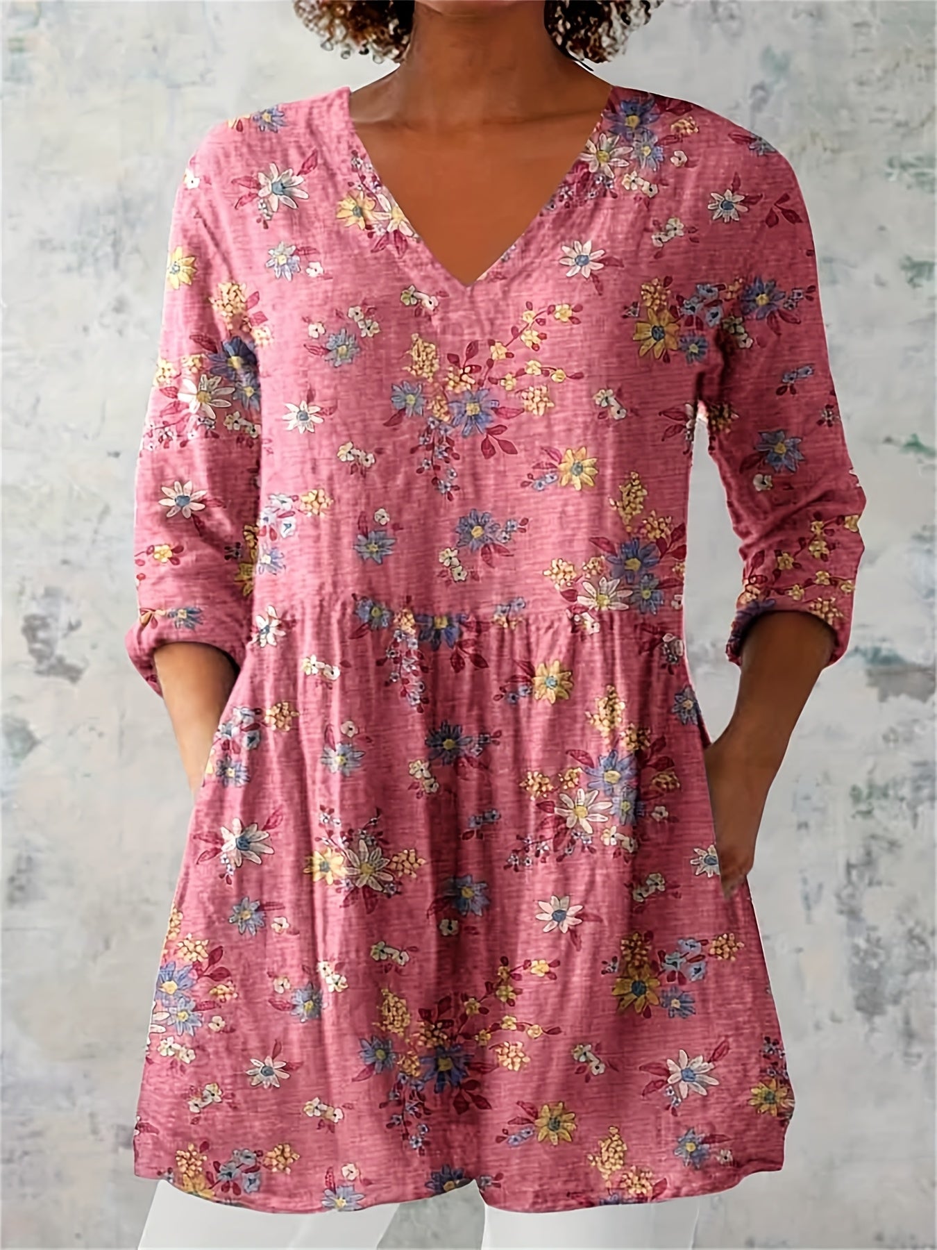Women's Retro Floral Print Casual And V-neck Top, Loose Casual Mature Style