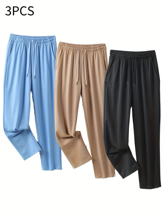 3pcs Women's Summer Casual Pants - Quick-Dry Breathable Polyester-Spandex Blend, Elastic Drawstring Waist with Side Pockets, Solid Color Running Workout Leggings, Smooth Texture Fabric for & Casual Wear, Clothes, Flattering F