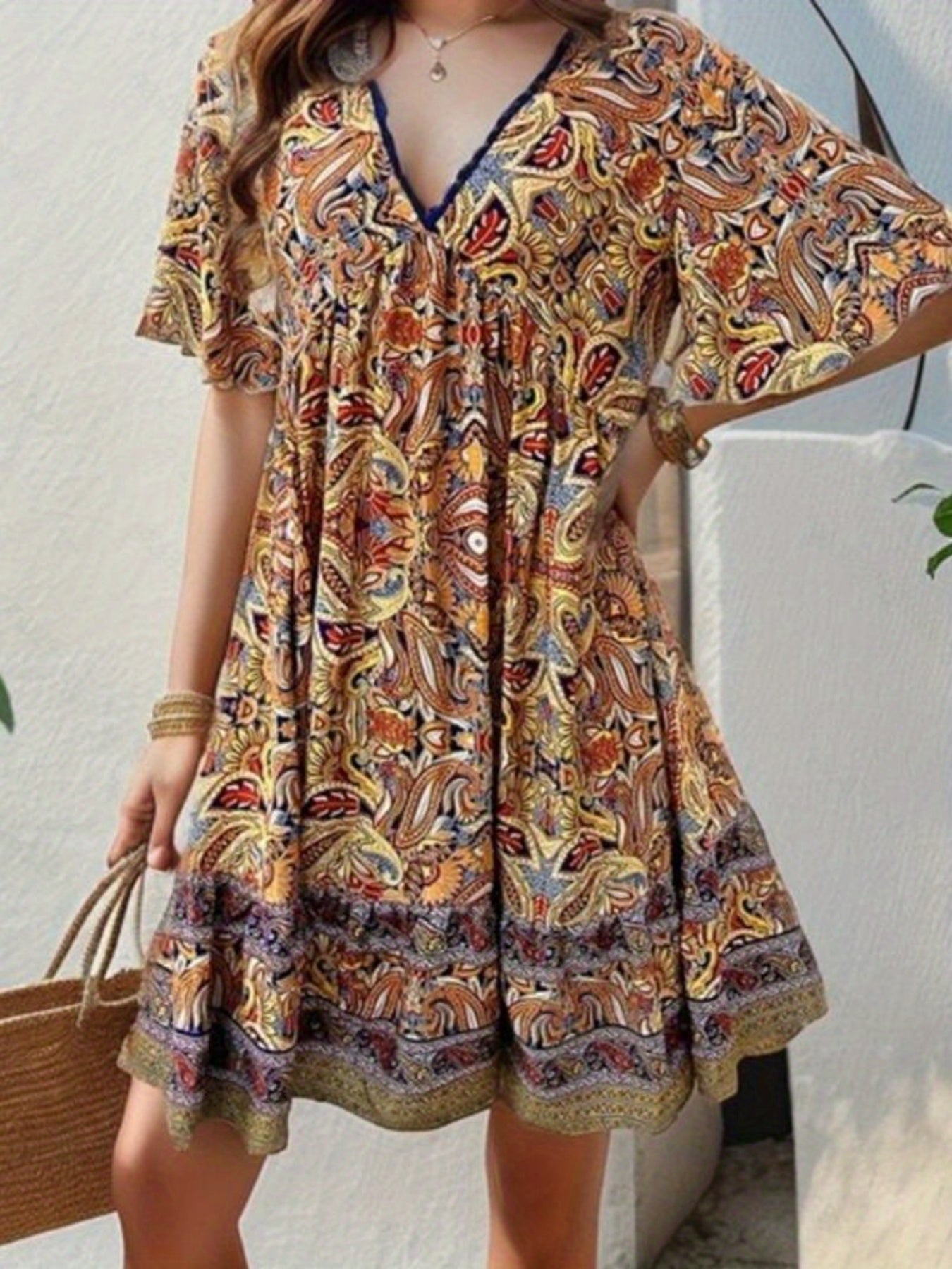Womens Summer Casual V Neck Summer Half Sleeve Bohemian Floral Print Mini Short Dresses Holiday Streetwear