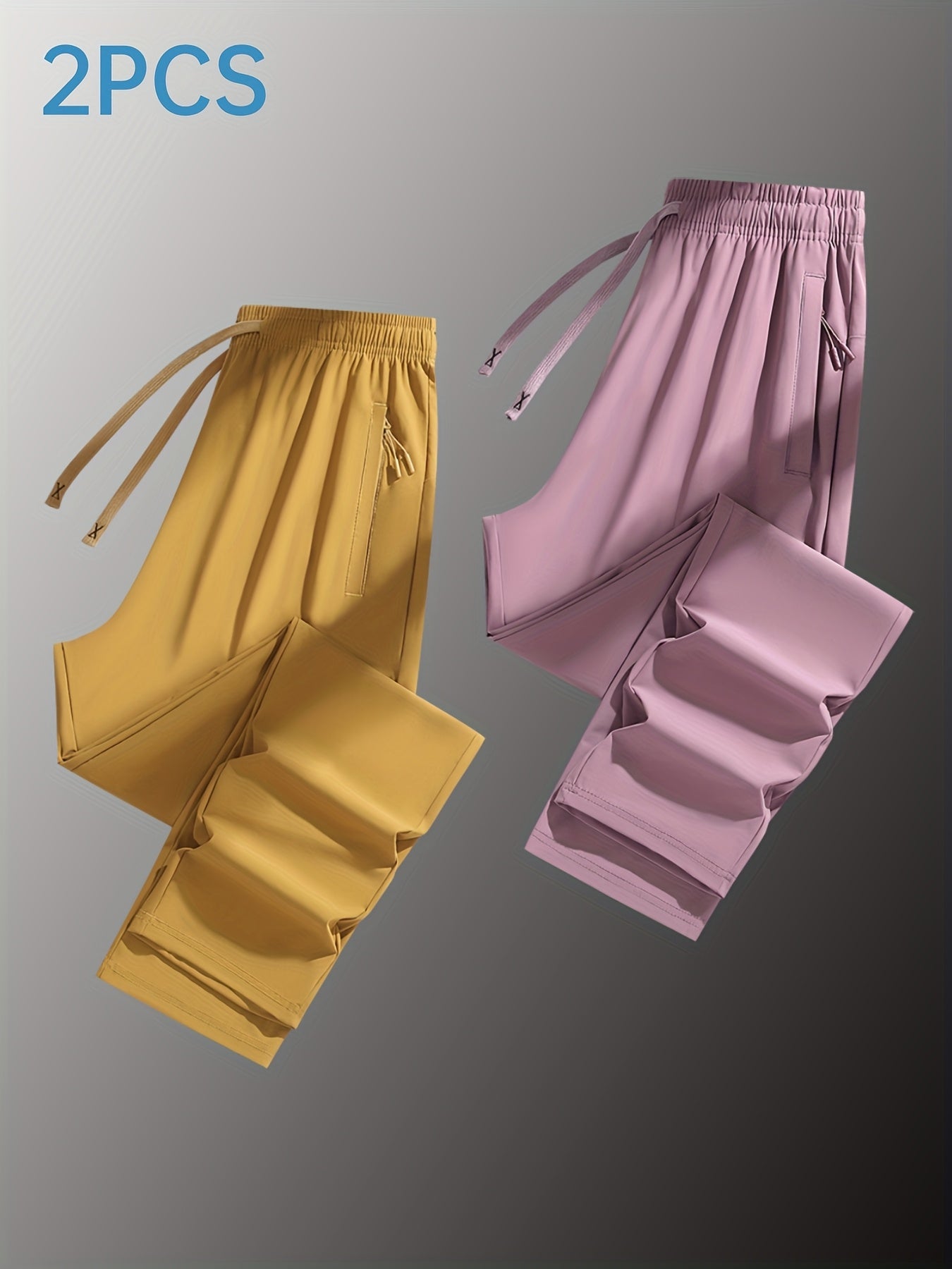 Two Pairs Of Summer Women's Long Pants, Solid-color Pants for Women, Elastic Drawstrings At The Waist, Hidden Zipper Pockets, Straight-leg Pants with Nylon And Spandex Medium-elastic Fabric, Ice Silky Quick-drying Pants, Wome