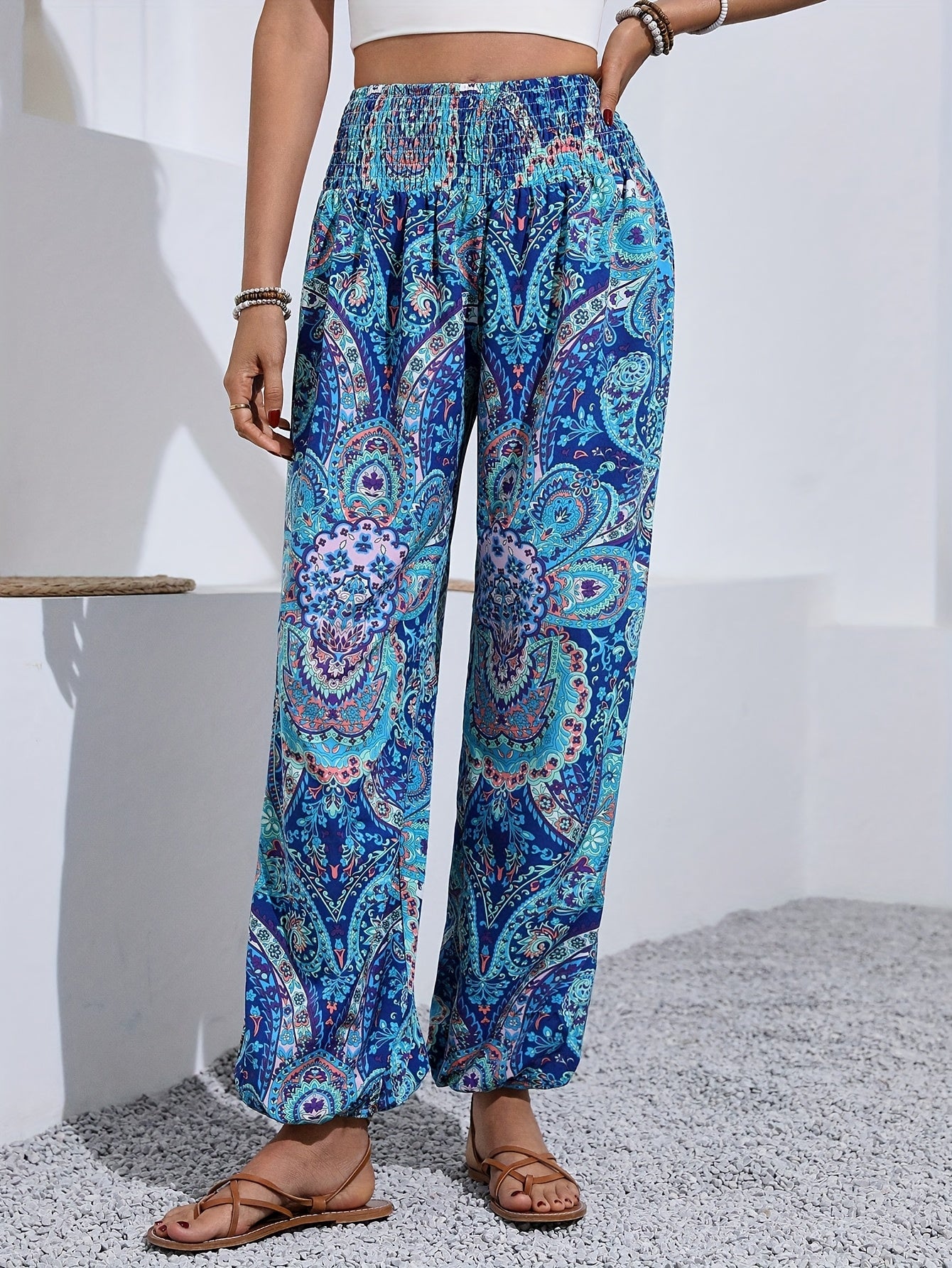 [Vibrant Print] Women's Elegant Paisley Print Harem Pants | High-Waisted, Loose Fit | Polyester Blend | Machine Washable | Casual Wear | All-Season | Elegant