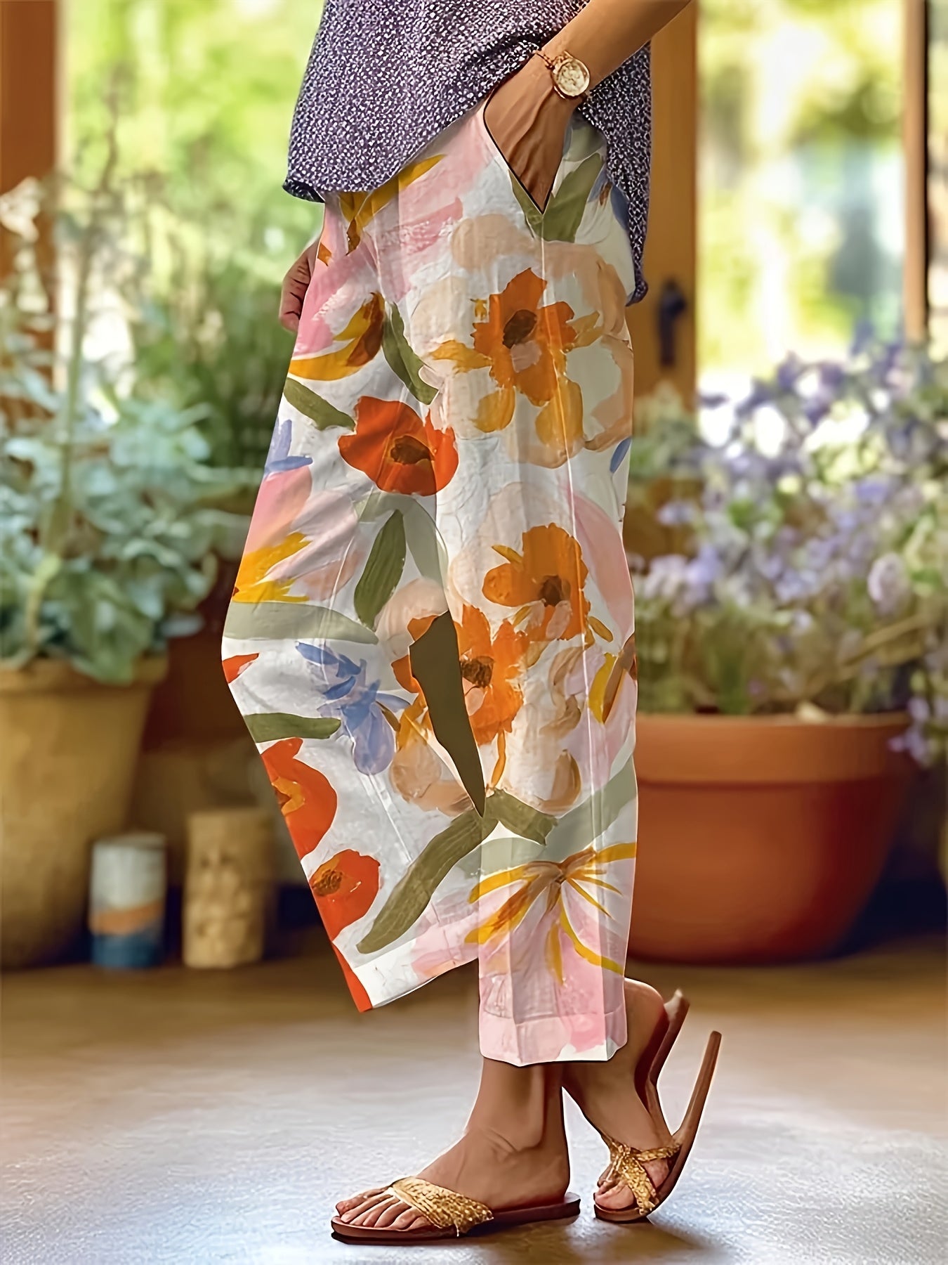 Women's Elegant Floral Print Straight-Leg Casual Pants with Pockets - Machine Washable Non-Stretch Fabric, All-Season Versatile Trousers for Casual Attire & Leisure Activities, Relaxed Activity Trousers, No Stretch Fabric