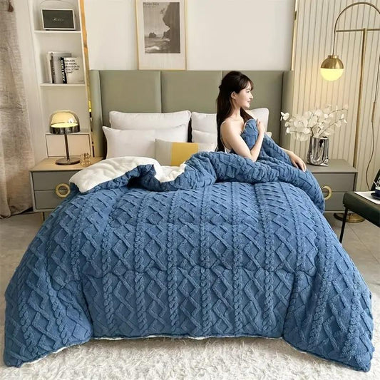 1pc Double-Sided Plush Fleece & Sheepskin Comforter - Warm, Soft, Skin-Friendly Winter Bedding with Geometric Pattern, Dry Clean Only, Deep Blue, Ideal for Cold Weather Coziness