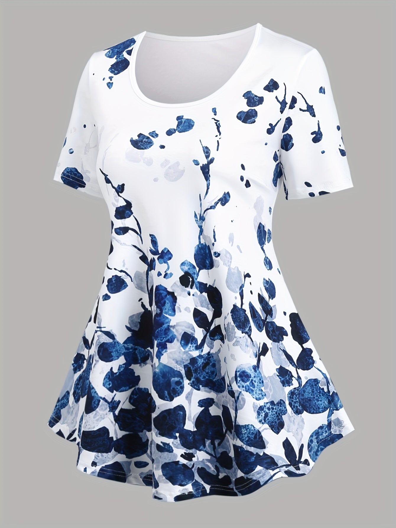 Casual Plant Print Two-piece Set, Short Sleeve Flare T-shirt & Allover Print Skinny Leggings Outfits, Women's Clothing