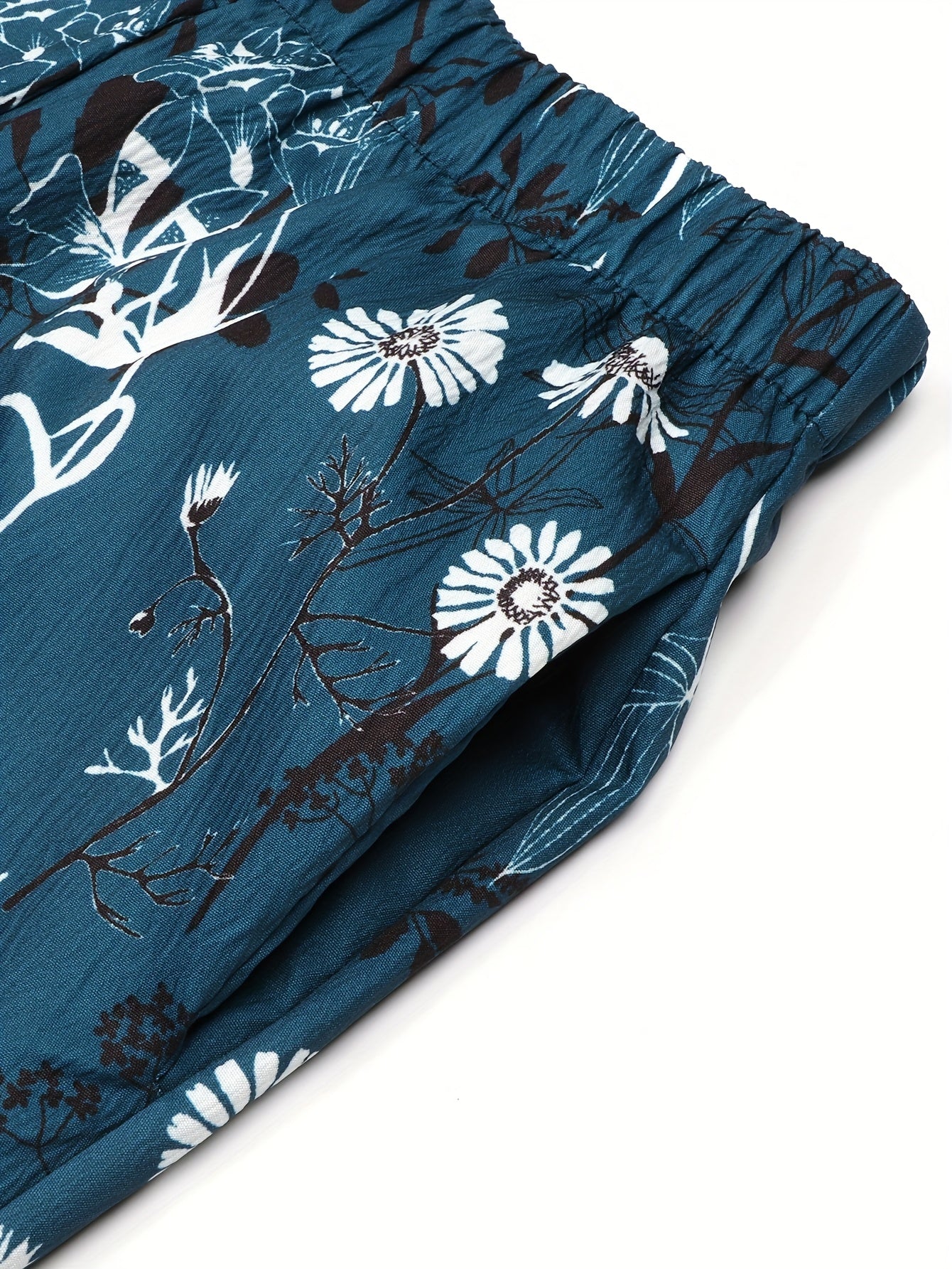 Women'S Navy Blue Floral Print Cropped Pants with Elastic Waistband and Side Pockets - Casual, Comfortable, and Stylish for Vacation or Casual Attire, Vacation Pants | Relaxed Fit Trousers | Polyester Fabric