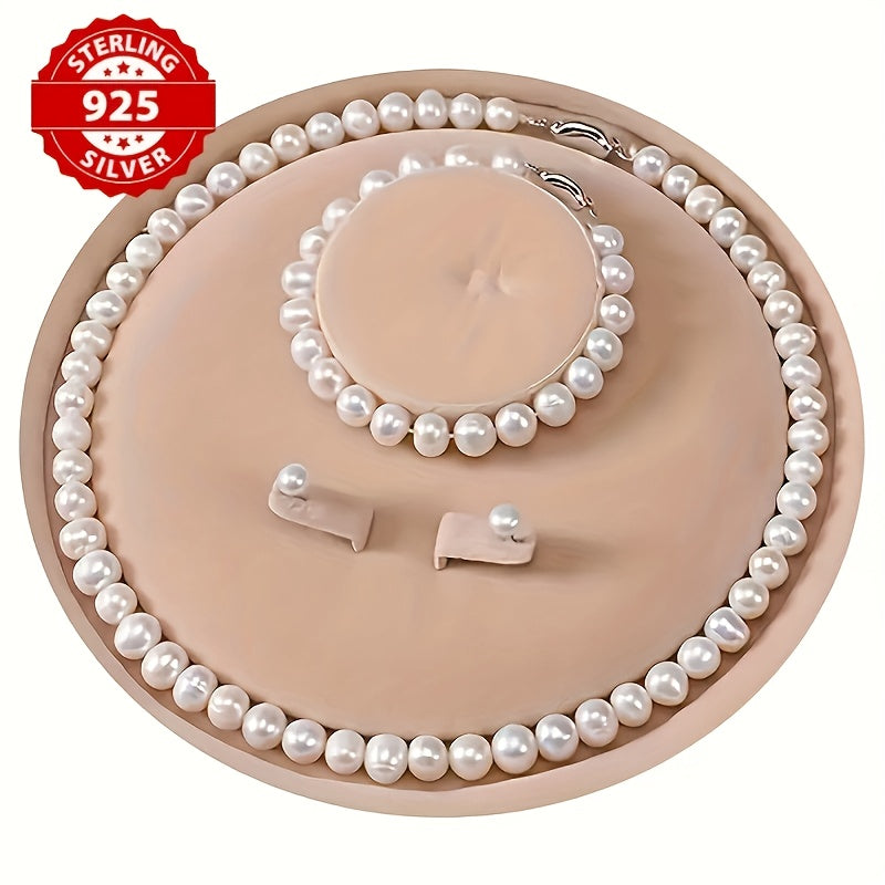 925 Sterling Silvery Chain Freshwater Pearls Necklace, Set With Lustrous White Freshwater Pearls, Elegant And Luxurious, Wedding Bridal Bridesmaid Jewelry/ Birthday Gift/ Anniversary Gift, Jewelry For Teenager, Cheap Girl Stu