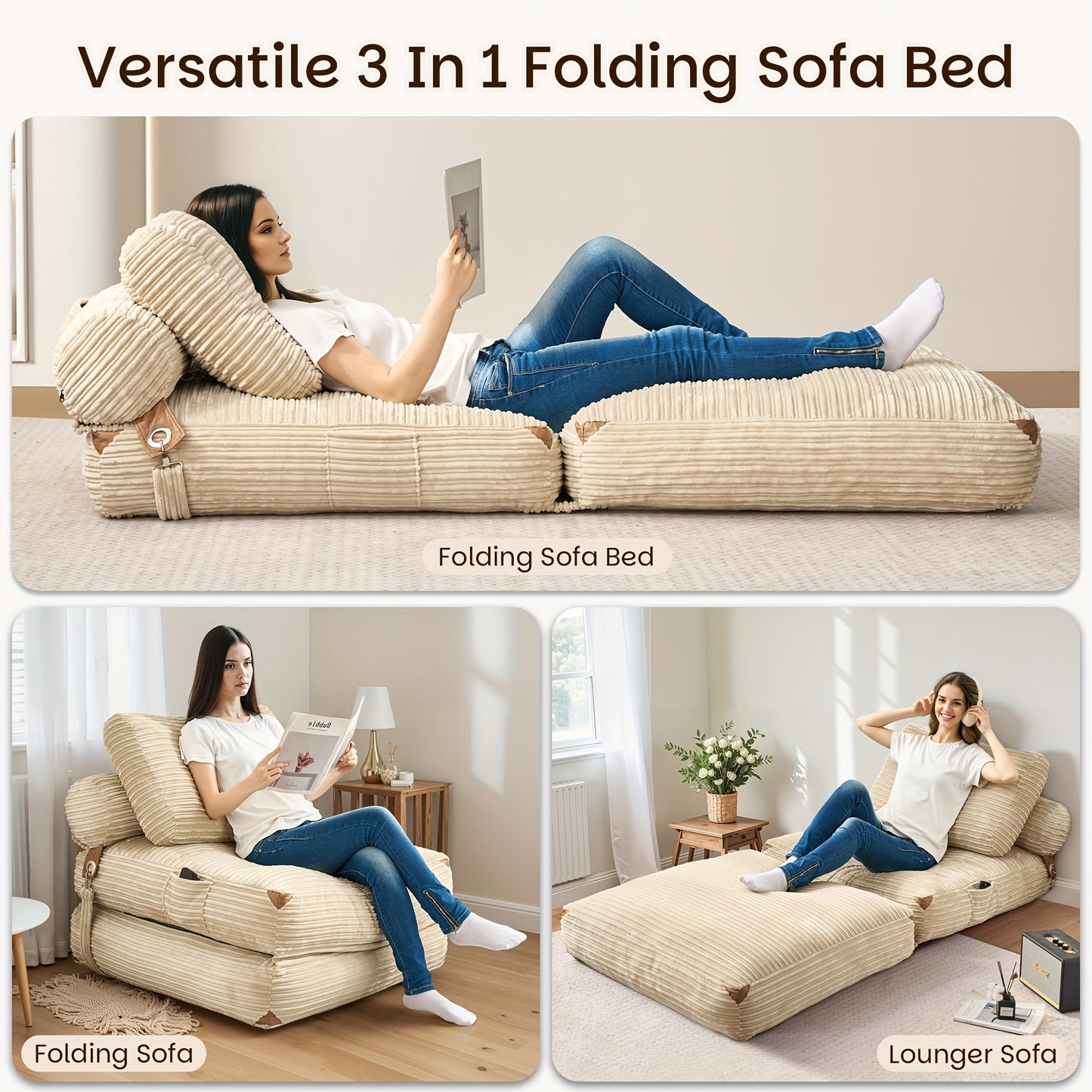 36", 83" Sleeper Couch No Assembly Required, Corduroy Convertible Chair Bed/ Single Folding Sofa Bed With Pillow, Space-Saving Sleeper For Small Bedrooms, Versatile Seating/Minimalist Interior Decor/Upholstery (Use Against Th