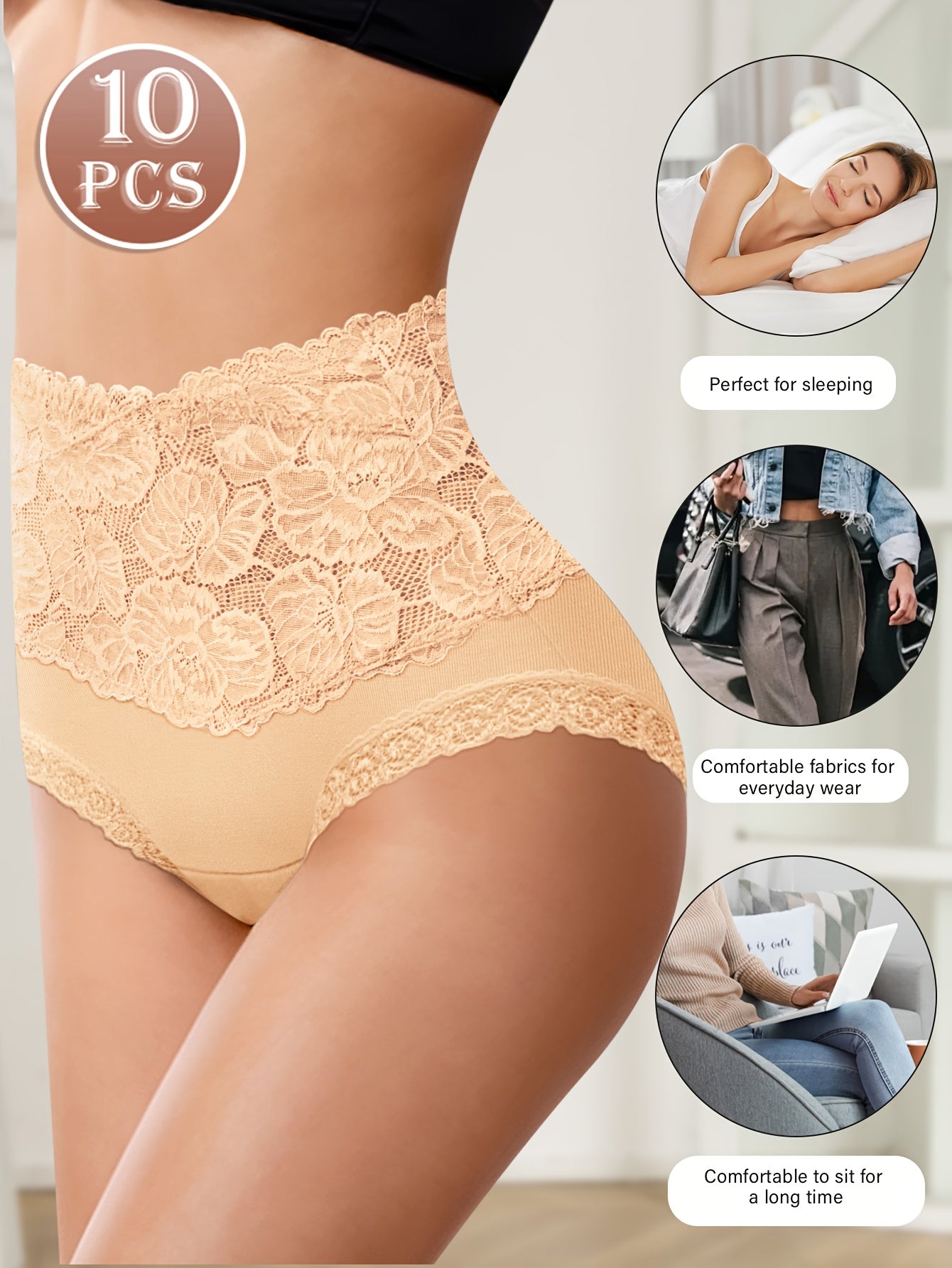 10Pack MIOTAN Elegant Lace Panties - High-Waisted Tummy Control, Cotton BlendKnit Fabric, Full Coverage Comfort Fit, Soft And Breathable, Everyday Wear SolidColors, Classic Brief Style