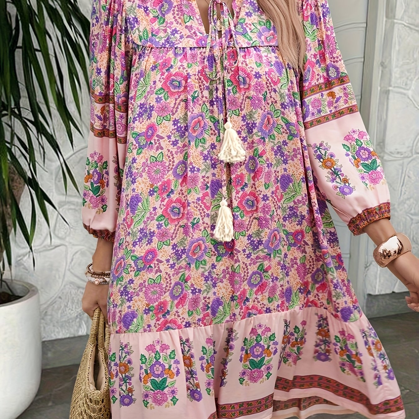 Ladies' floral print holiday stylish Su tie dress