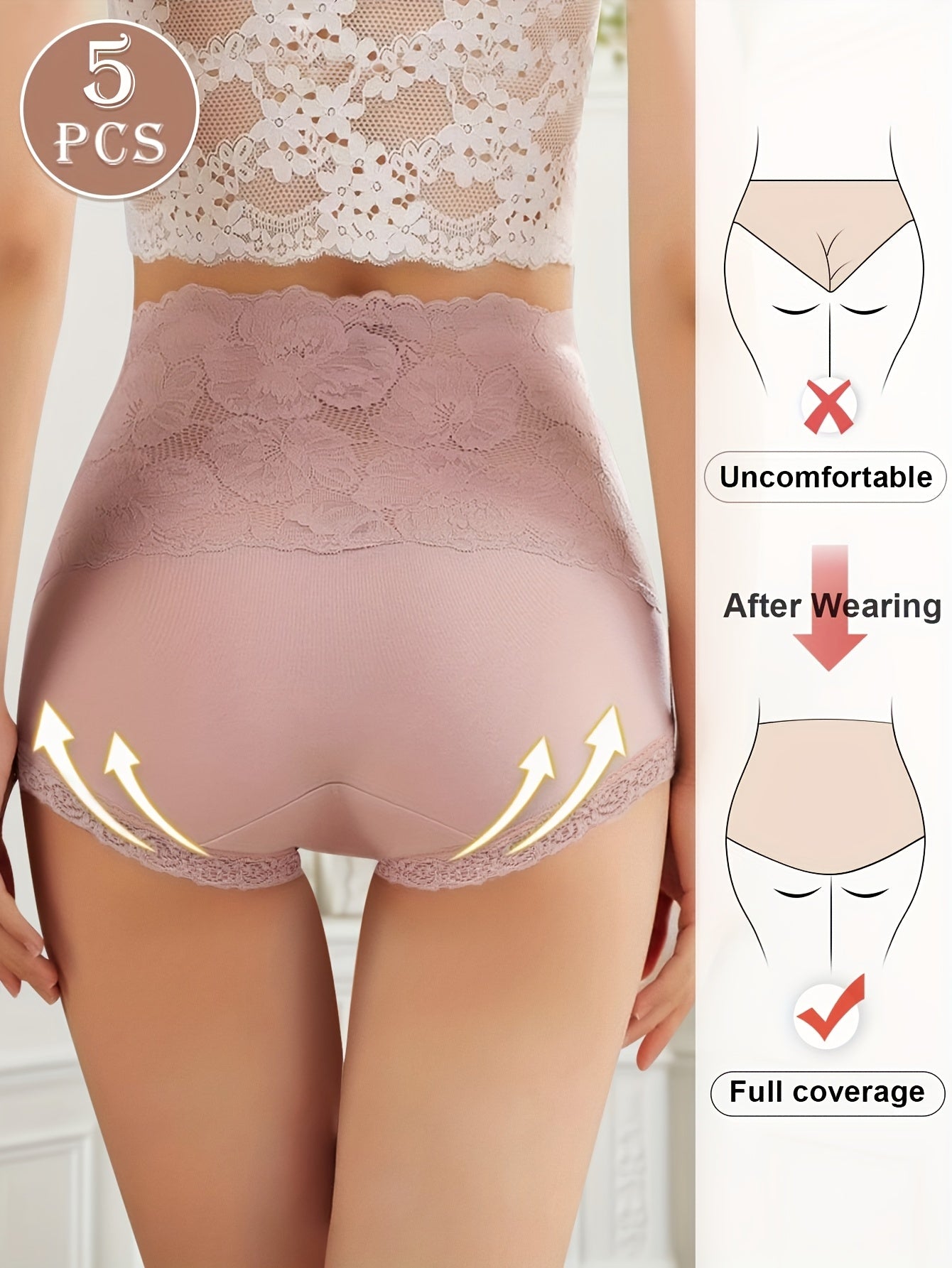 5pcs MEIYATING Women's High-Waisted Lace Trim Underwear - Elegant Floral Pattern, Breathable Nylon Blend, Comfort Fit, Sizes 10XL-5XL, Hand Wash Only