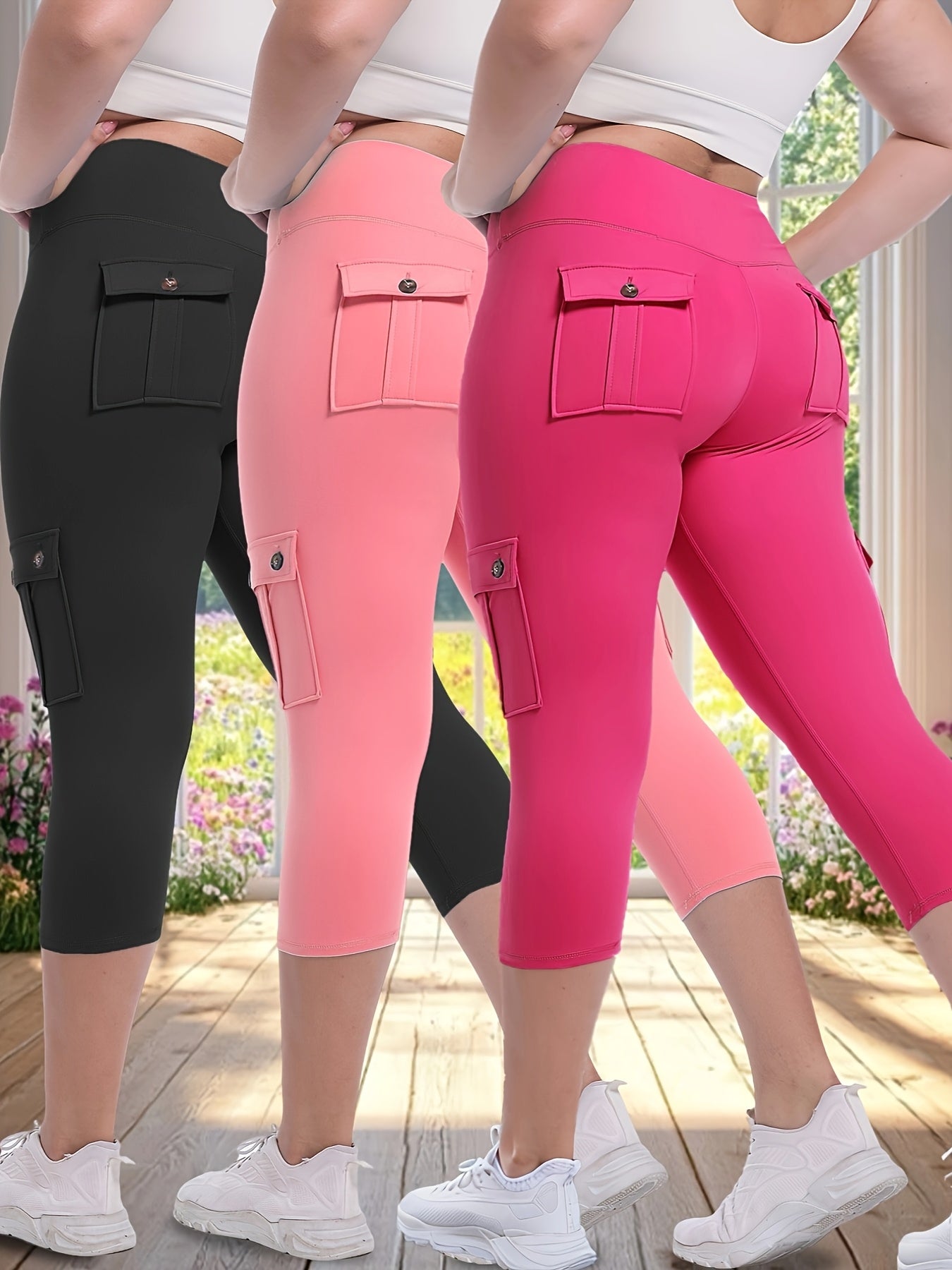 3pcs Women'S High-Waisted Yoga 7/10 Pants with Pockets - Stretch Running And Sports Leggings, Button Design, Solid Color, Comfortable Polyester Blend Fabric.