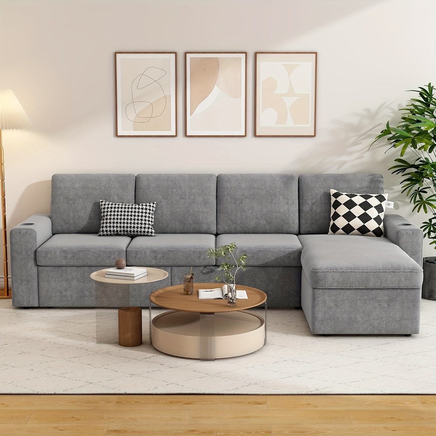103" Extra Large L-Shaped Sectional Sleeper Sofa Bed with Storage Chaise - Convertible Pull-Out Couch, Cup Holders, Space-Saving Sleeper Sofa for Living Room, Apartment, Guest Room - Modern Sectional Furniture in Neutral Grey