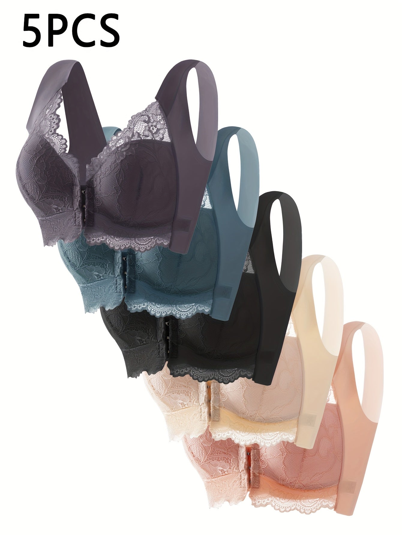 [Elegant Lace Push-Up Bra] 5pcs Elegant Contrast Lace Push-Up Bra Set | Mixed Color, Front Closure, Non-Removable Pads, Wire-Free - Casual Attire Lingerie