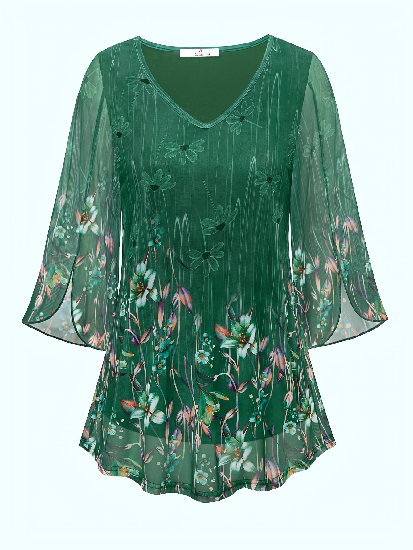 [Floral Blouse] Floral Print V-Neck Blouse | Women's Loose Fit Flowy Tunic Top with 3/4 Ruffle Sleeves & Double Layer Mesh Overlay - Semi-Sheer Lightweight Polyester-Spandex Blend for Spring/Summer Casual & Formal Outings