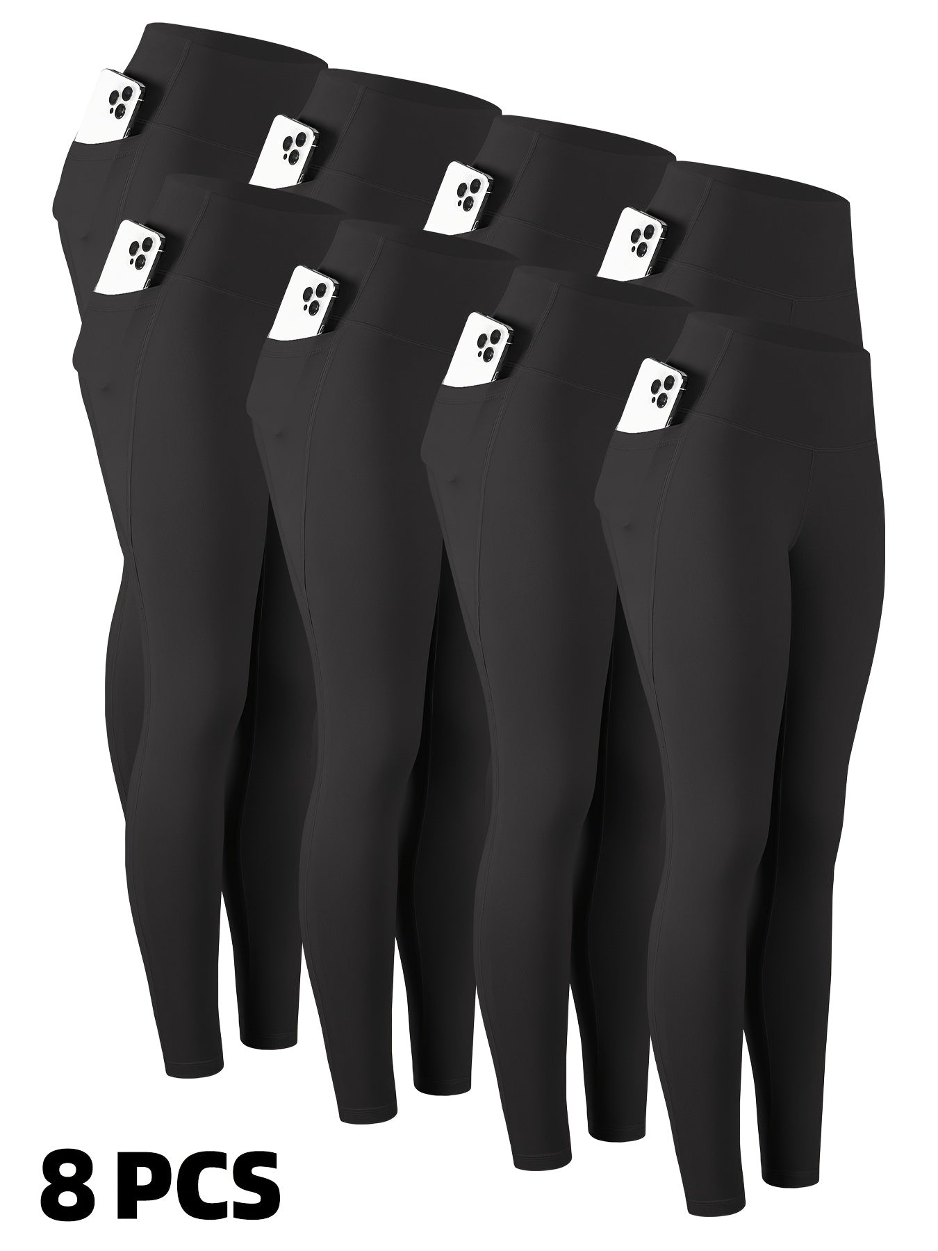 8pcs Set Women's High Waisted Yoga Leggings - Full-Length & 3/4 Length Options, High-Stretch Spandex Light Beige-Friendly Workout Pants with Pockets, All-Season Gym & Casual Athletic Wear (Multi-Color Options: Black, Navy, Gr