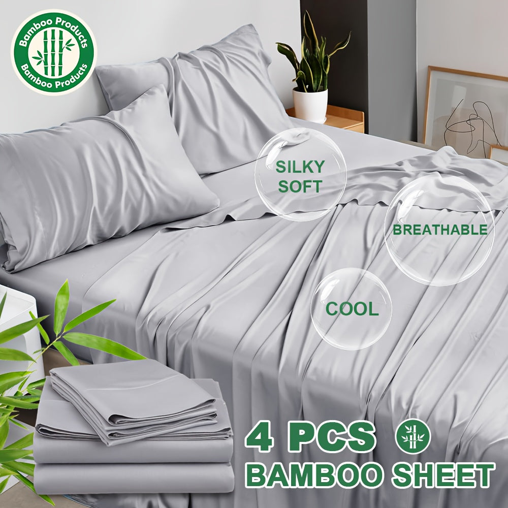 4pcs Cooling Bamboo Blend Bed Sheet Set, Deep Pocket 20" Bed Sheet, Creating A Five Star Hotel Like Luxurious Experience, Deep Pockets (Up To 20"), Wrinkle, Fade, Fitted Sheet+Flat Sheet+Pillowcase
