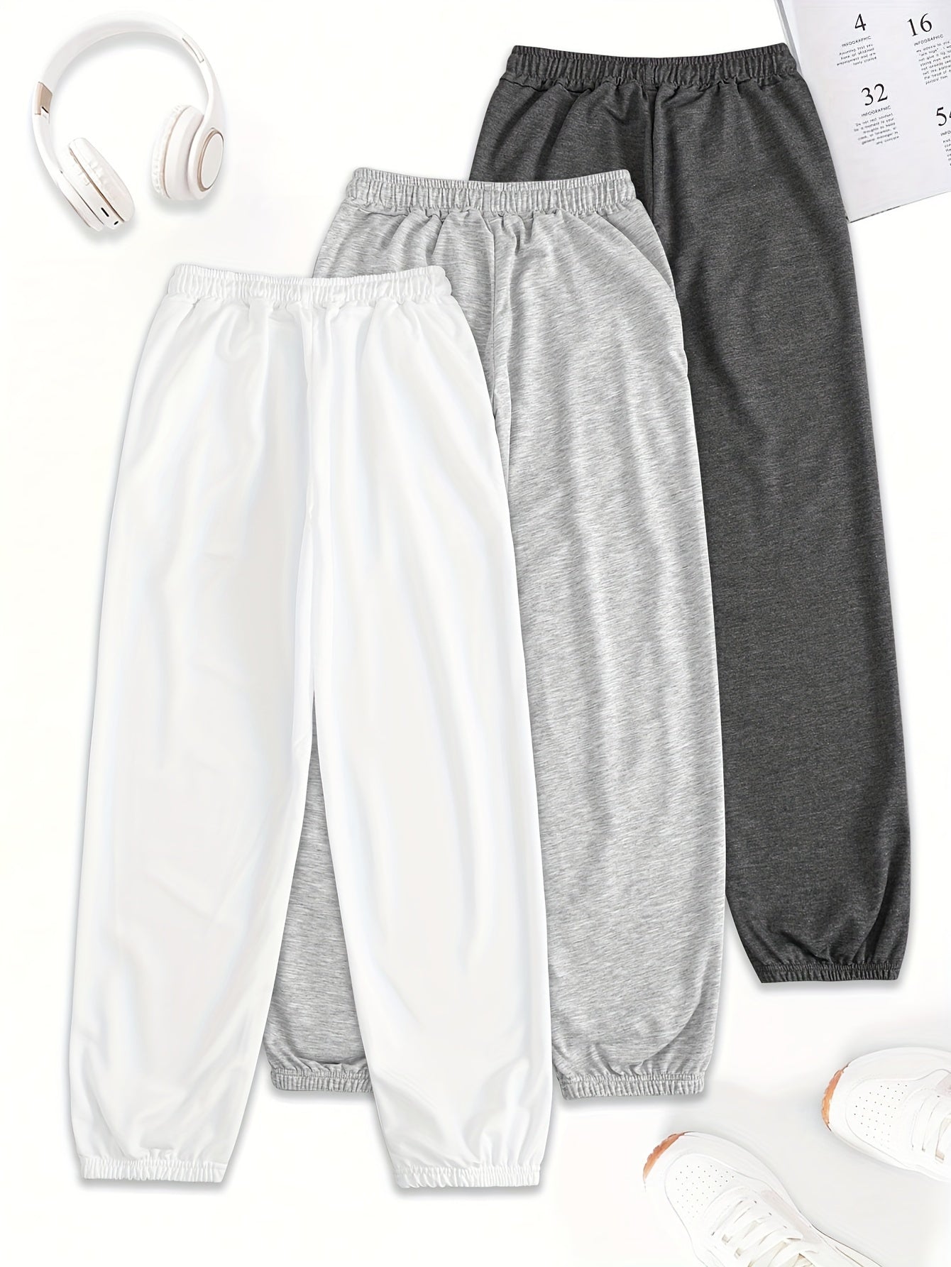 Women's 3-Pack Polyester Drawstring Sweatpants with Pockets - Loose Fit Casual All-Season Knit Joggers with Floral Print Detail