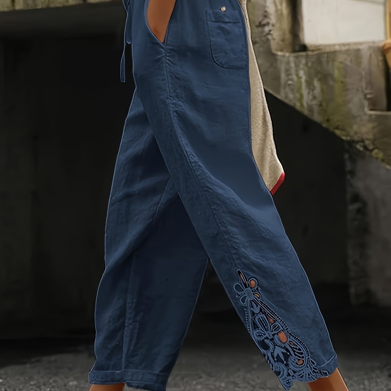 Women'S Casual Fashion Trousers - With Pockets, Waist Drawstring Design, Lace Stitching Design On The Trouser Legs, Suitable For Daily Commuting, Casual Outings, Vacation Travel, Spring, Summer And Autumn Trousers