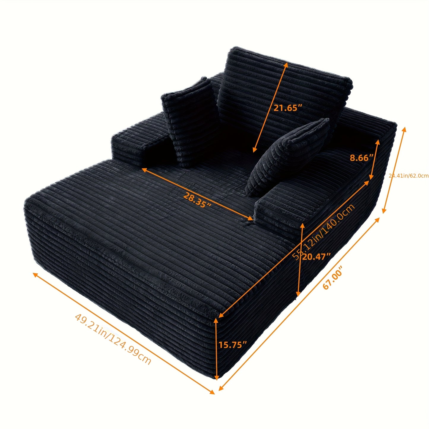 67" Oversized Chaise Lounge Chair Sofa Bed with Corduroy Upholstery - No Assembly Required, Plush Cloud Sleeper with Throw Pillows, Deep Seat & Wide Armrests, High-Density Foam Base, 1000lb Weight Capacity, Modern Luxury Slee