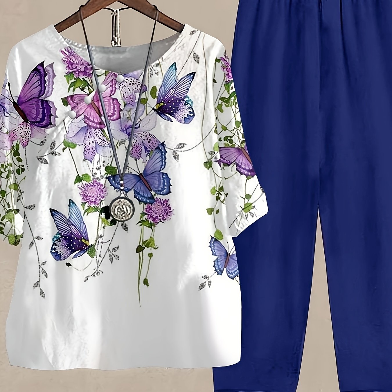 New Women's Floral Print Casual Round Neck Half Sleeve Top with Solid Color Loose Straight Pants Two-Piece Set