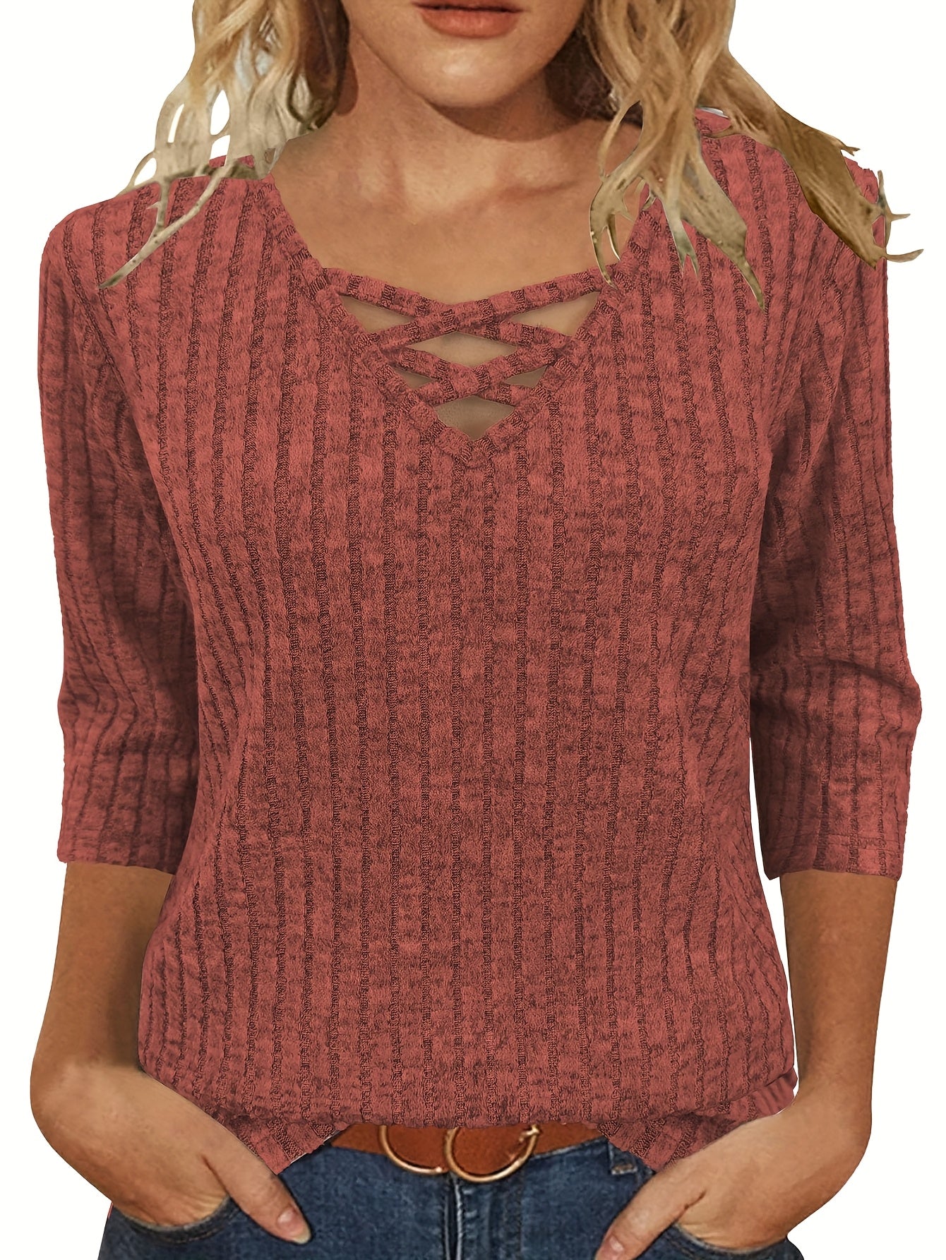 Women'S Casual 3/4 Sleeve V-Neck Top - Lightweight Loose Fit Pullover Shirt with Crisscross Front Detail, All-Season Comfort, Solid Color, Versatile for Casual Attire & Layering, Relaxed Outfit, Stylish Pullover, Quality Stit