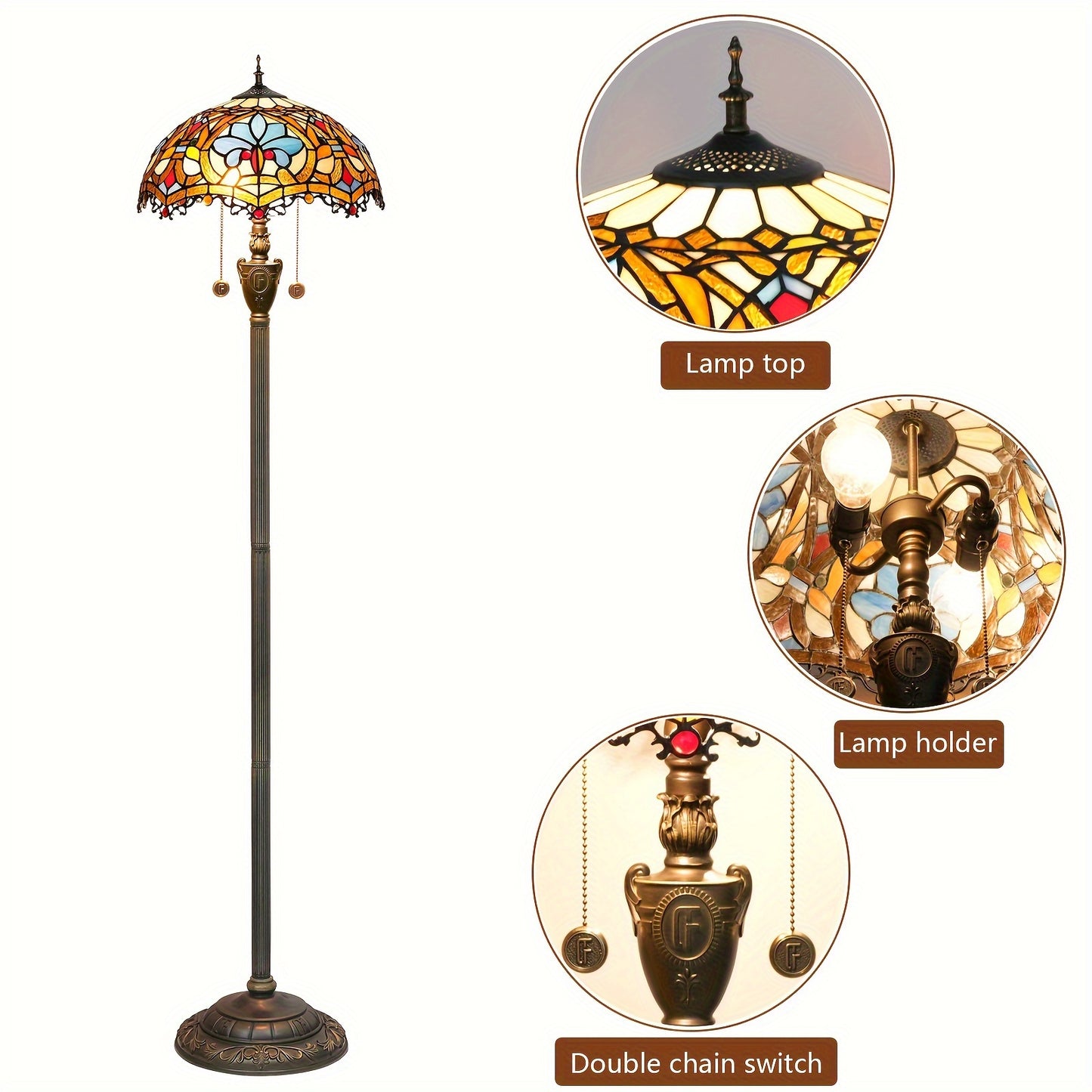 1pc 16X64.2in Stained Glass Lamp Warm Baroque Style Floor Lamp Standing Reading Lamp Bedroom Living Room Home Office Hotel Room Bedroom Bedside Lamp Shop Decorative Lighting Shooting Props