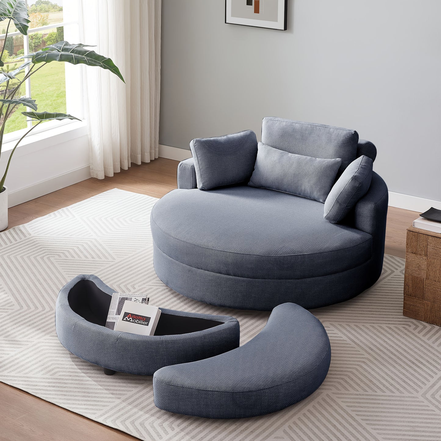 51.2" Ottoman-Shaped Cushion Chair with Storage, Linen Fabric, Includes Adjustable Headrest and Four Pillows, Large Size for Living Room/Bedroom/Office/Hotel Sofa