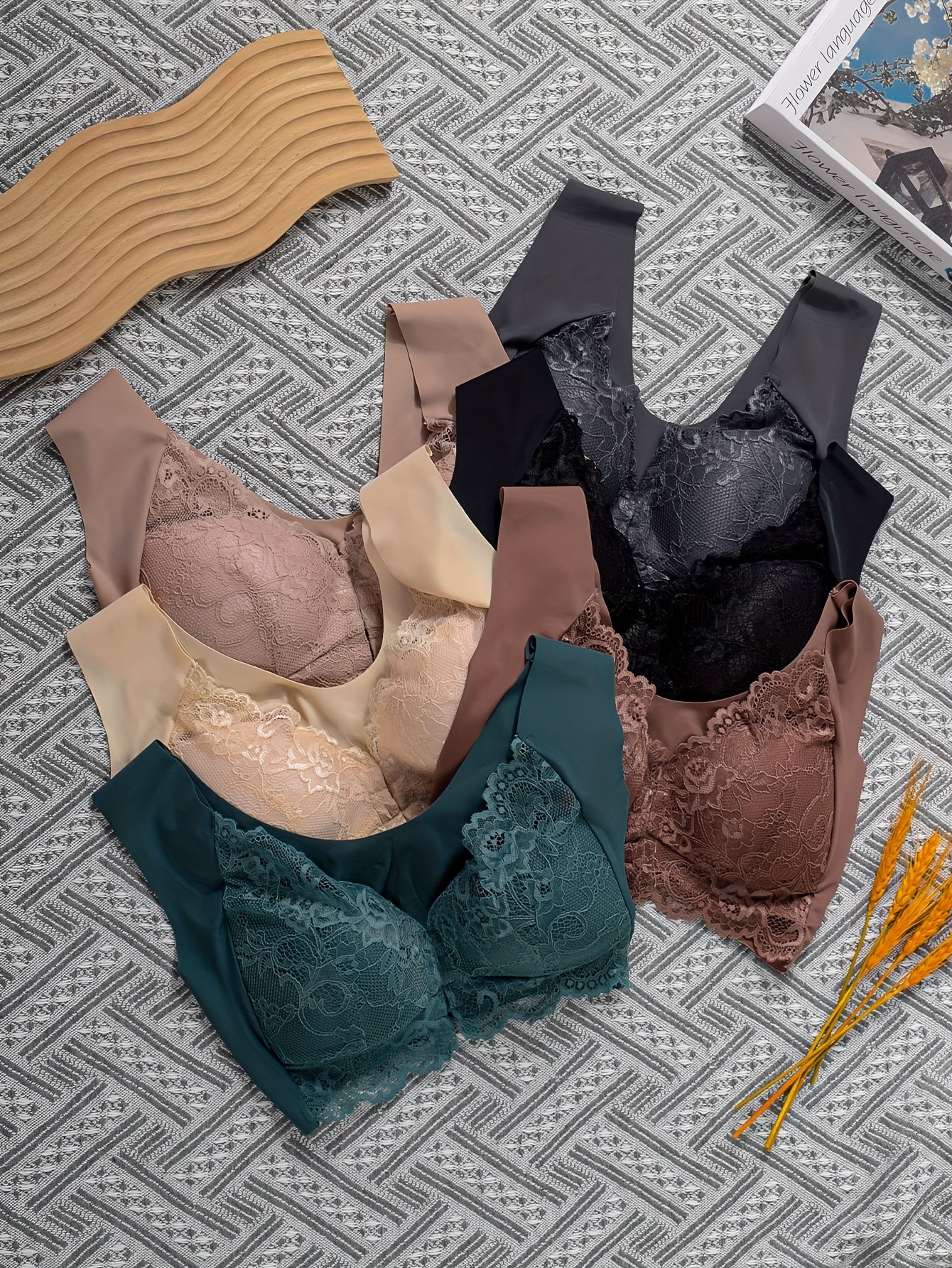 [Elegant Lace Bra] 6 Pack Elegant Lace Bra - Front Clasp, Wireless High Support, Breathable Nylon, Perfect Fit, Large Size, Multiple Colors