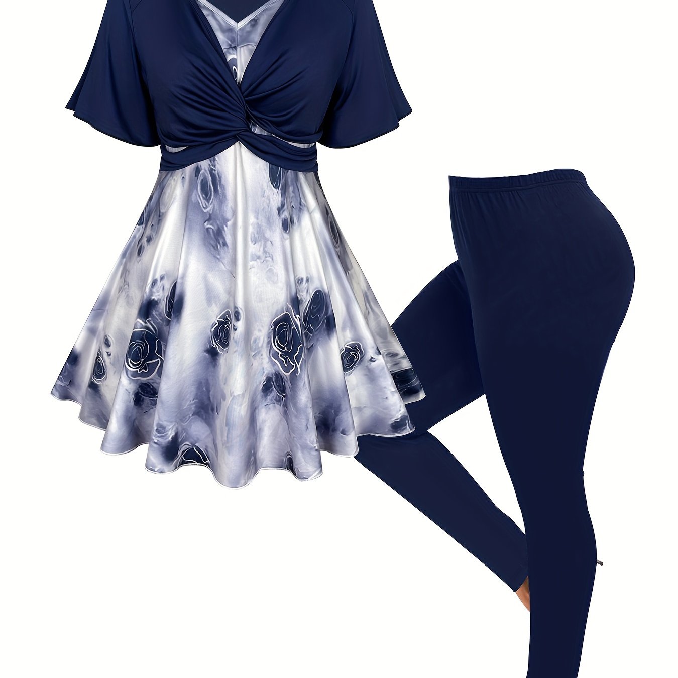 Elegant Floral Print V-Neck Top And Leggings Set - Soft Polyester And Elastane Blend, Machine Washable, All-Season, Comfortable And Versatile For Daily Wear