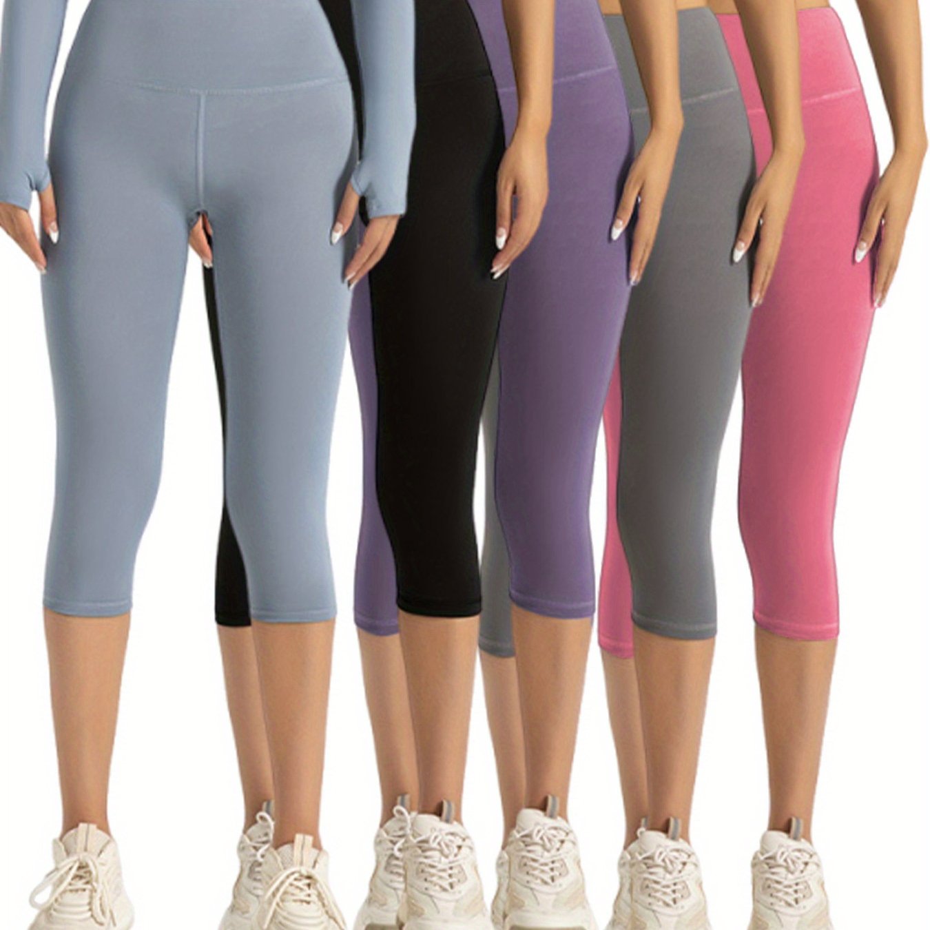 [Cloud-like Capri Pants] 5pcs Women's Capri Athletic Pants | Cloud-like Bare Light Beige Feel, 4-Way Stretch, Breathable, All-purpose for Yoga Running