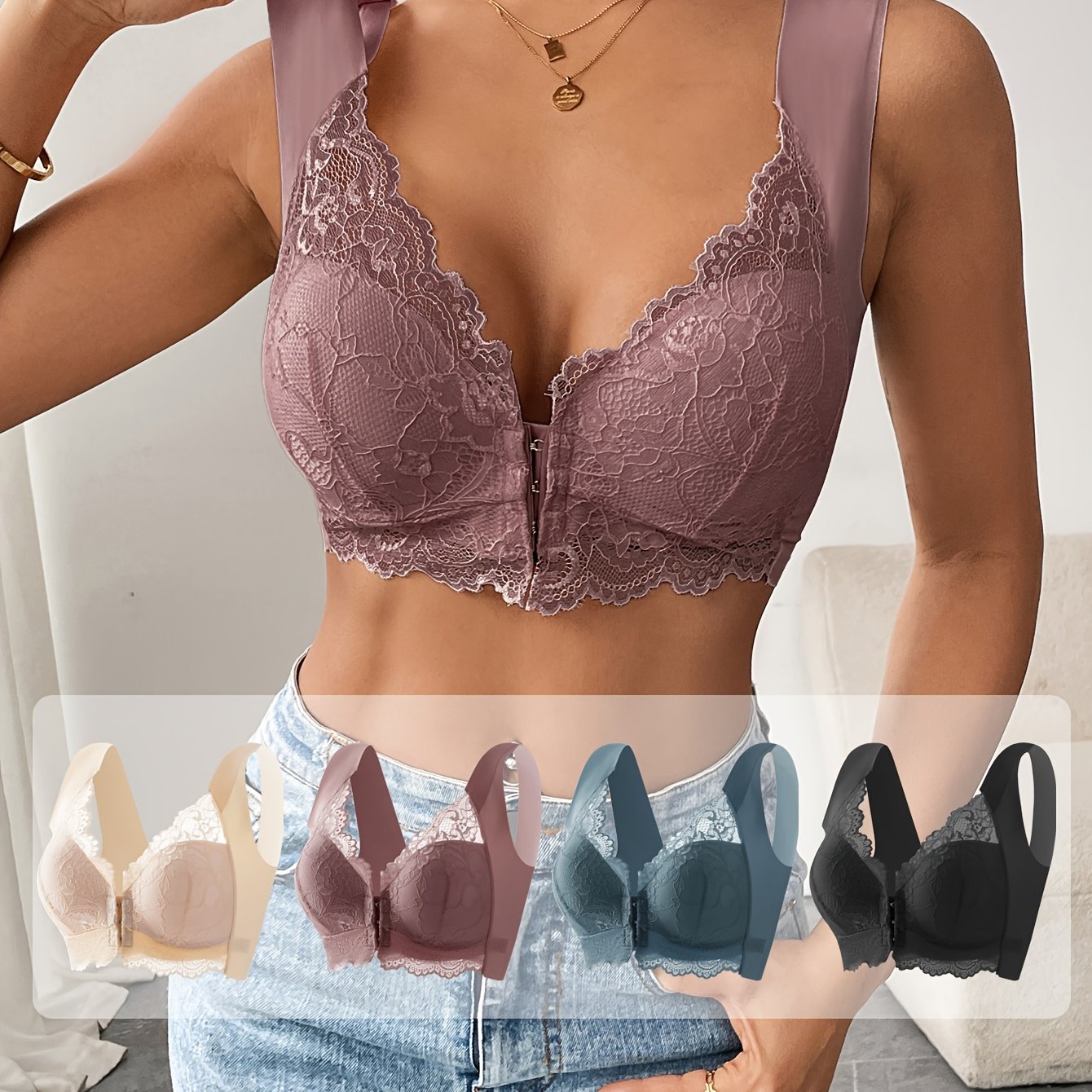 [Soft Push-Up Bra] 4pcs Soft And Comfortable Elegant Lace Wireless Push-Up Bra | Mixed Color Set Front Buckle Bra Women's Underwear