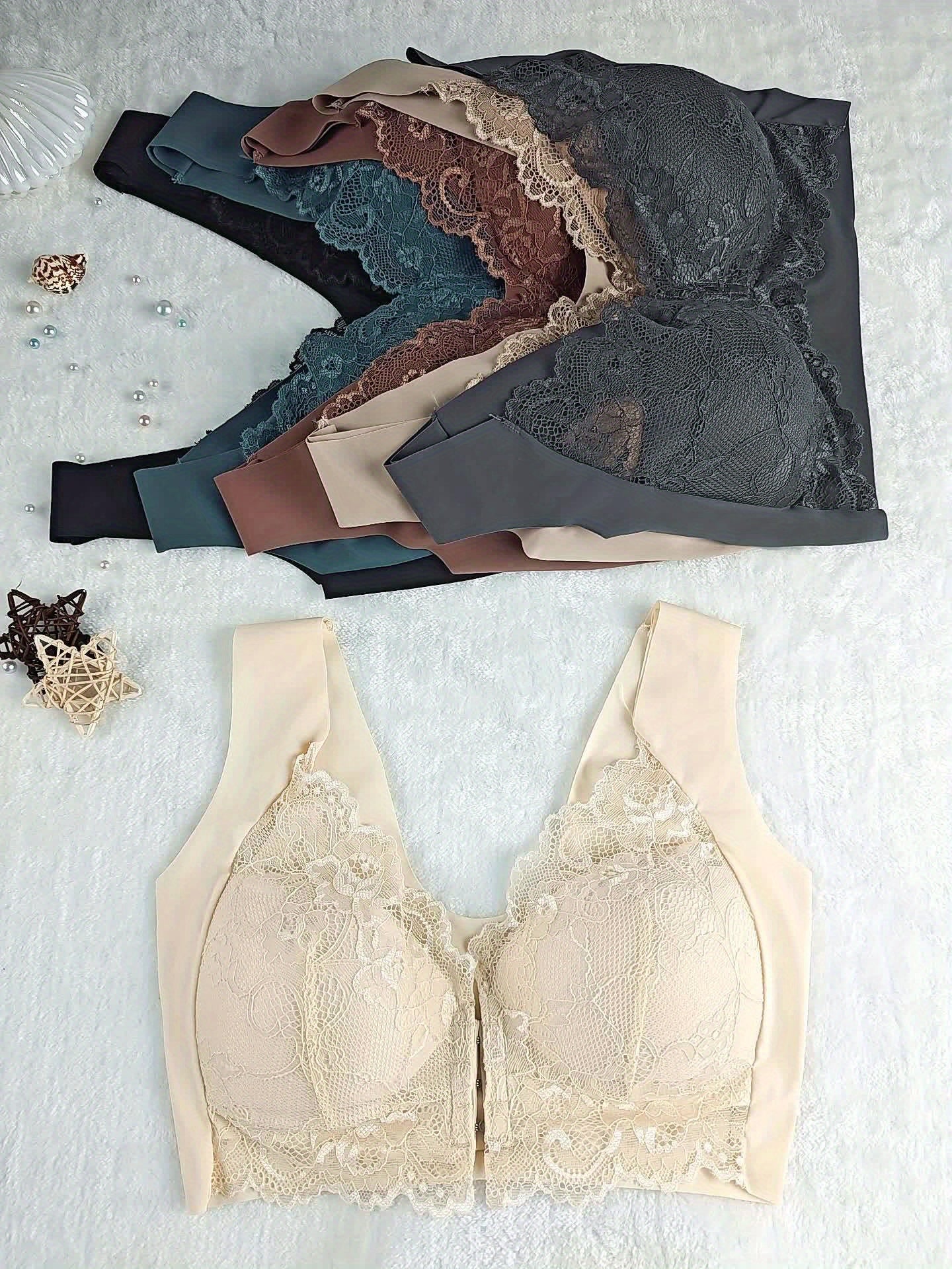 [Soft Push-Up Bra] 4pcs Soft And Comfortable Elegant Lace Wireless Push-Up Bra | Mixed Color Set Front Buckle Bra Women's Underwear