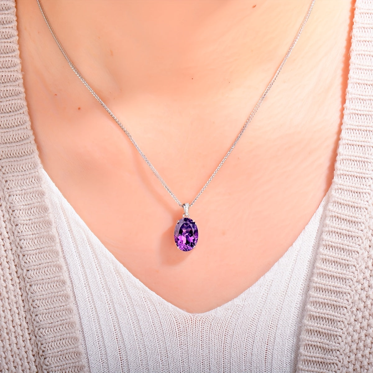 925 Silvery Natural Amethyst Pendant, with 925 Silvery Necklace, Suitable for Women, Simple and Elegant, Exquisite and Fashionable Necklace, Elegant, Temperament, High-end, Holiday Gift, Valentine'S Day Gift, Mother'S Day Gif