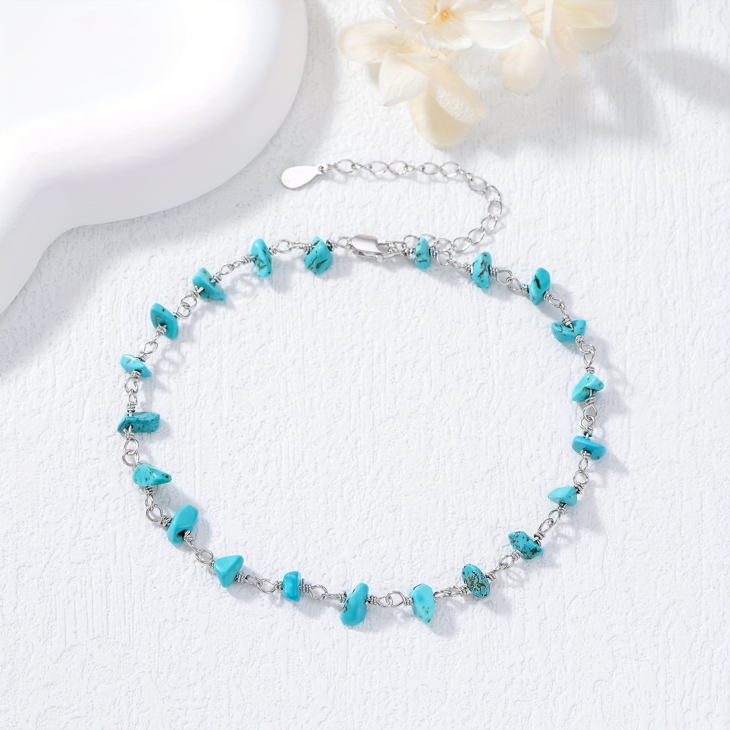 Natural Turquoise Anklet 925 Sterling Silver Raw Turquoise Gemstone Adjustable Foot Anklet Bracelet Beach Summer Jewelry Gifts for Women