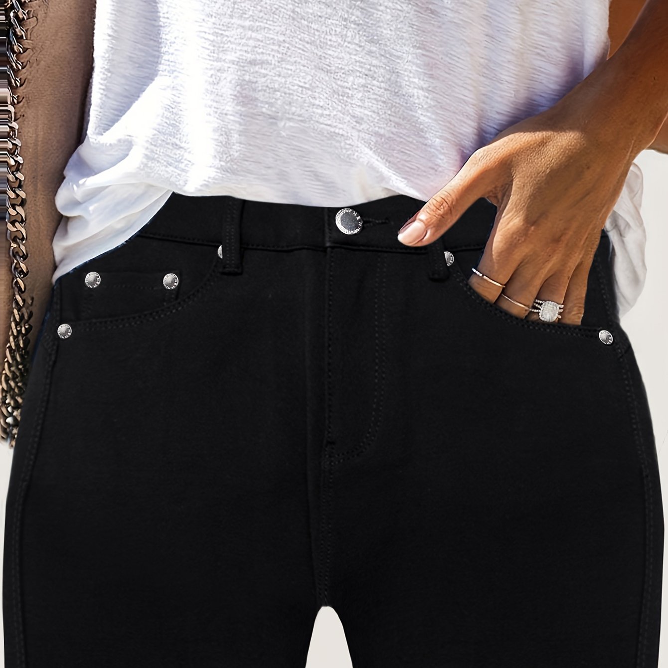 Women's High-Waisted Stretchy Street Style Solid Black Slim-Fit Jeans with Metal Button Details