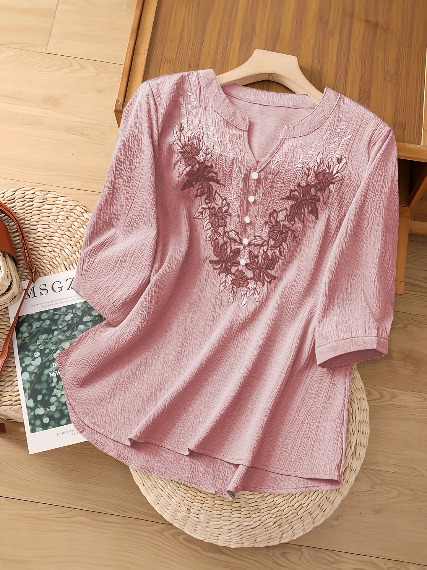 Women'S Elegant Floral blouse - Light Blue V-Neck Blouse with Floral pattern, Three-fourth Sleeve Non-See-Through Shirt for Office, Wedding, Party - Spring/Fall/Summer Everyday & Formal Tops, Floral Print Blouse, Seasonal Fas