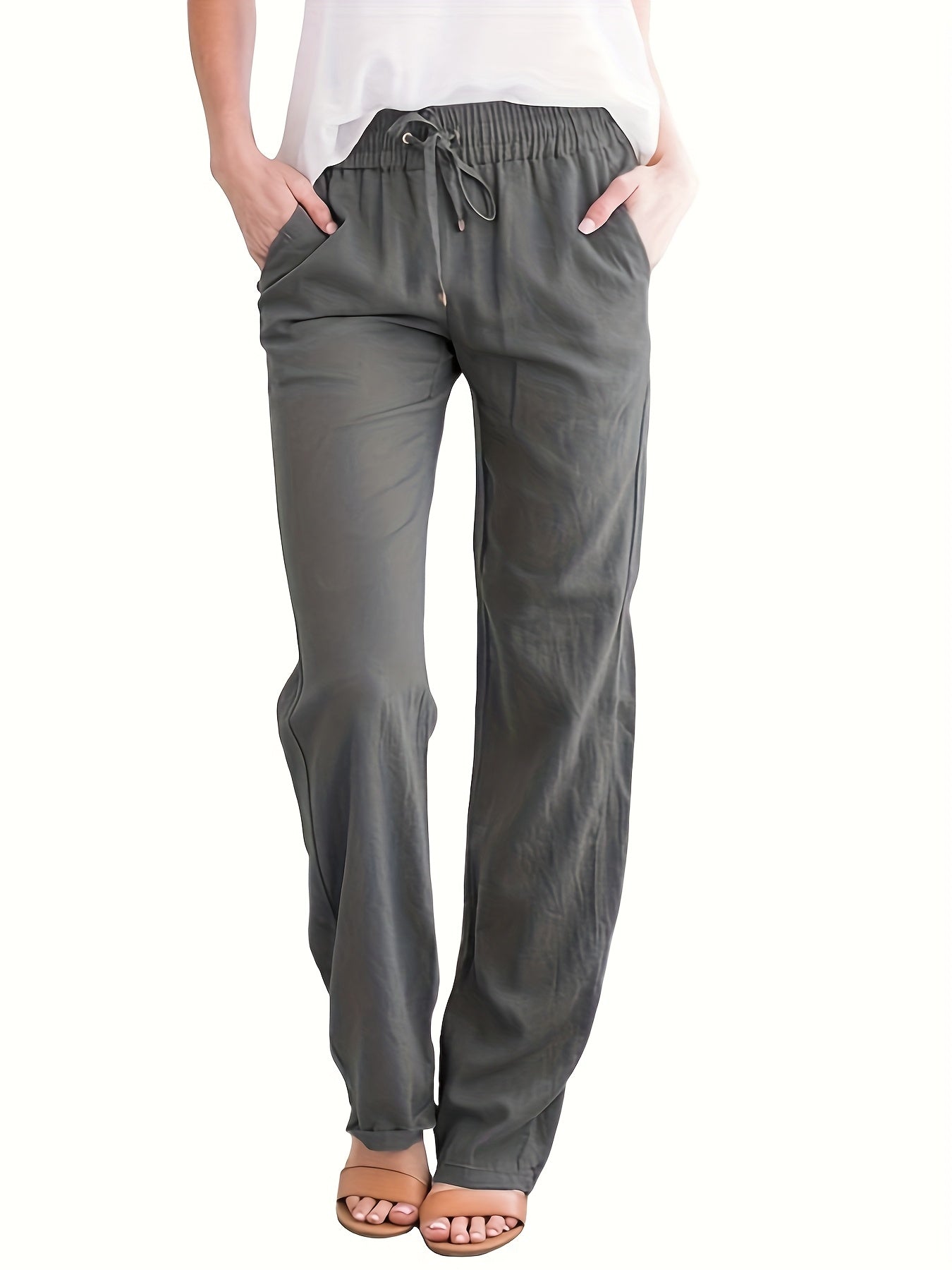 Women's Casual Solid Color Trousers with Pockets & Adjustable Drawstring Waist - Loose Fit Lightweight Pants for Spring Summer Fall, Machine Washable for Daily Commuting & Casual Outings, Flexible Clothing, Stylish Simplicity