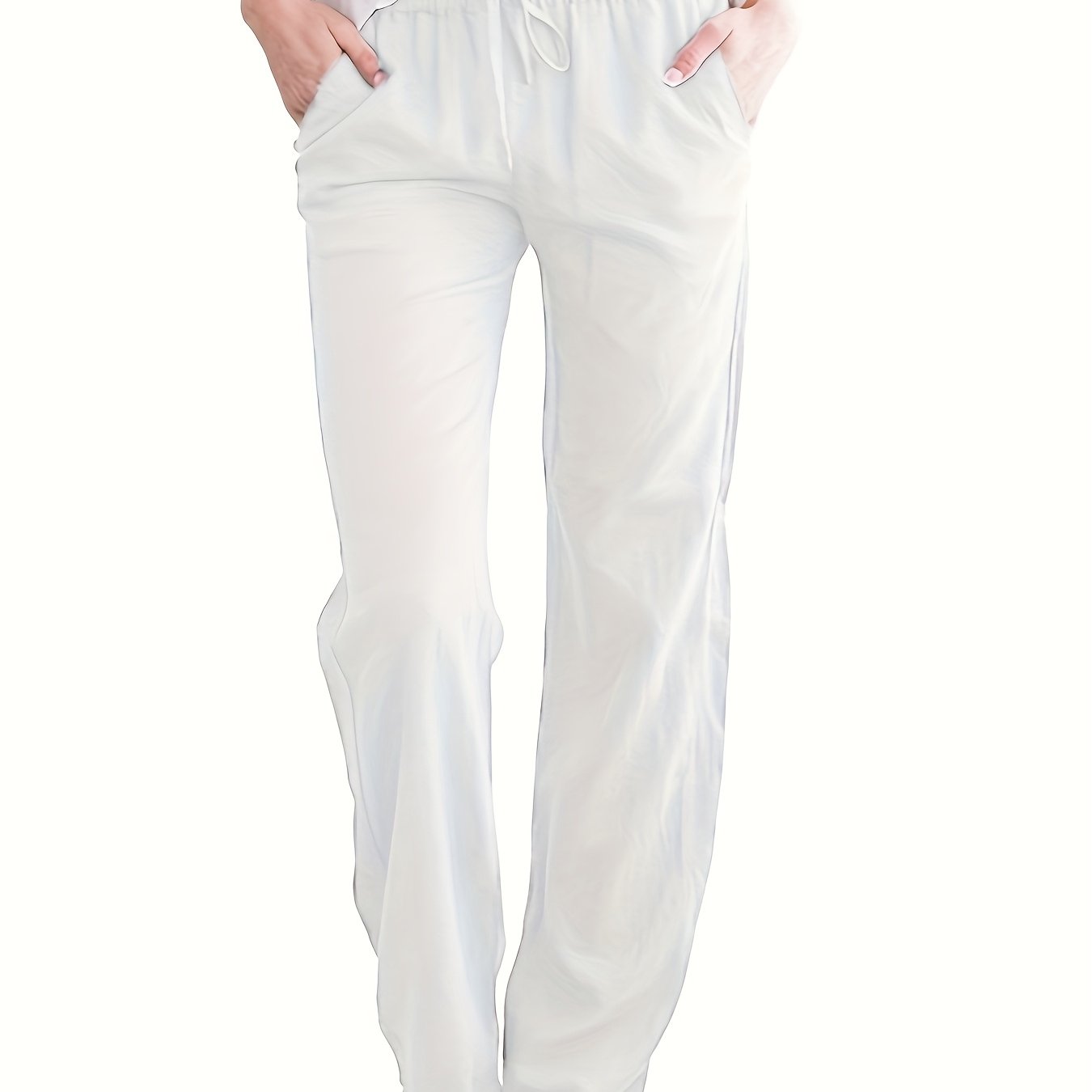 Women's Casual Solid Color Trousers with Pockets & Adjustable Drawstring Waist - Loose Fit Lightweight Pants for Spring Summer Fall, Machine Washable for Daily Commuting & Casual Outings, Flexible Clothing, Stylish Simplicity