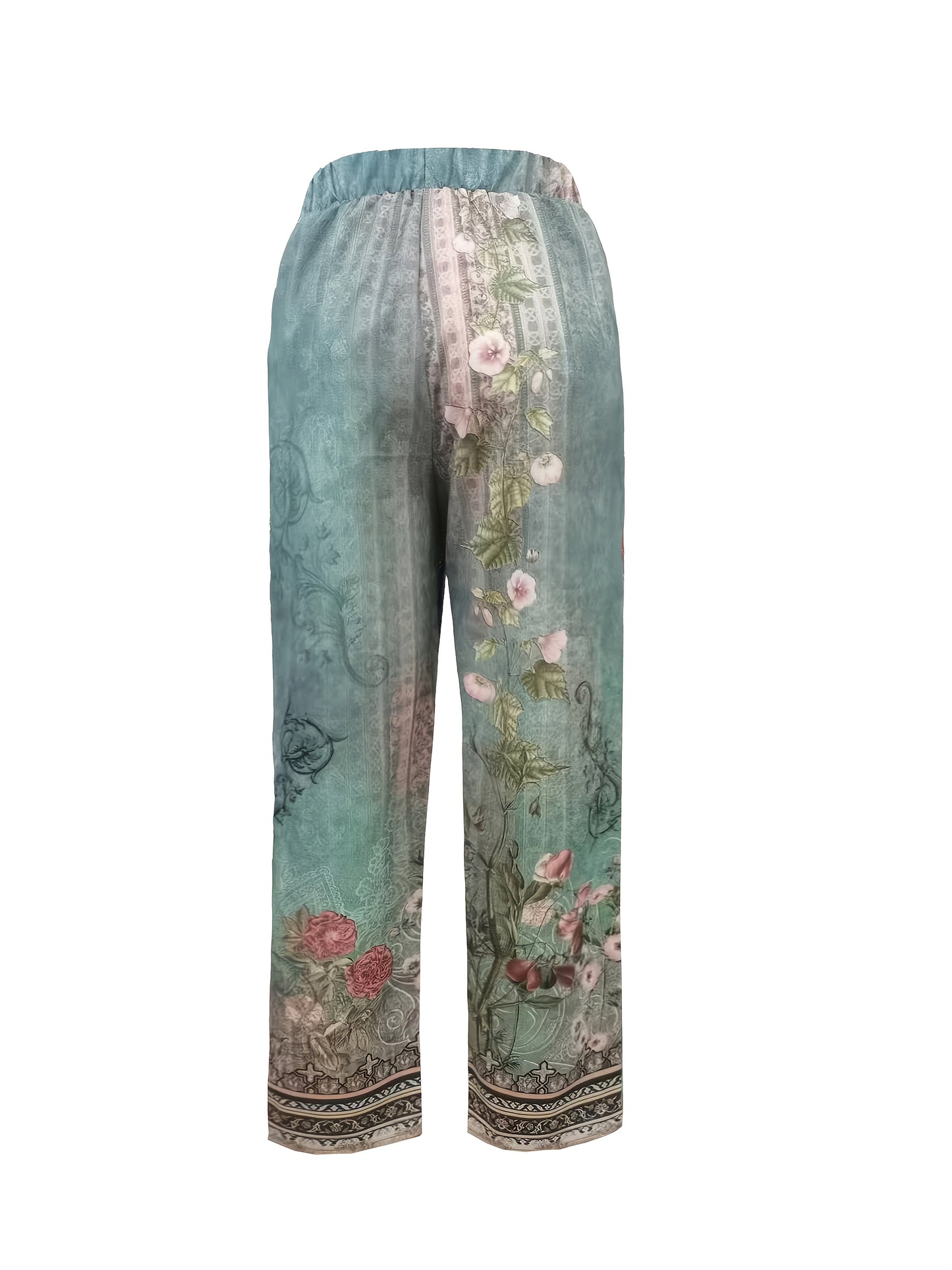 [Floral Print Vacation Trousers] Women's Floral Print Loose Trousers with Elastic Waistband - Vibrant Pink and Green Design, Comfortable Summer Casual Pants for Vacation and Everyday Wear