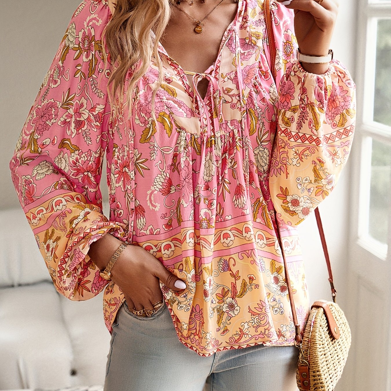 Boho Chic Floral V-Neck Blouse with Tie Detail - Long Sleeve, Casual Resort Wear for Women, Temperament, Fringed Shirt, Leisure Style, ALL/Global/All