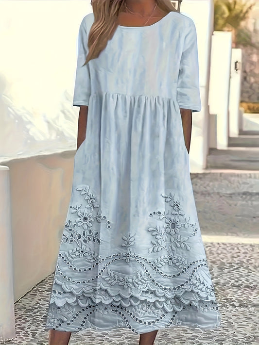 Women'S Light Blue Floral Print Casual Dress - Short Sleeve, Round Neck, Ruffled Hem with Belt Detail, Lightweight Polyester Blend, Machine Washable, All-Season Comfort, Floral Print Dress