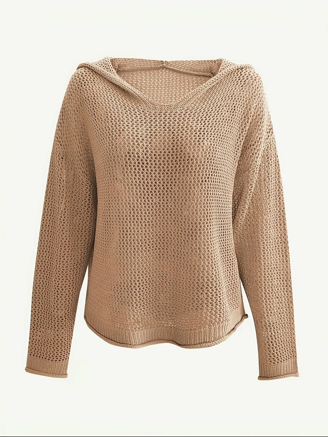 Women's Lightweight Hooded Sweater - Semi-Sheer V-Neck Openwork Design, Loose Fit Cover-Up, Casual Long Sleeve All-Season Layering Top, Summer Wardrobe Essential